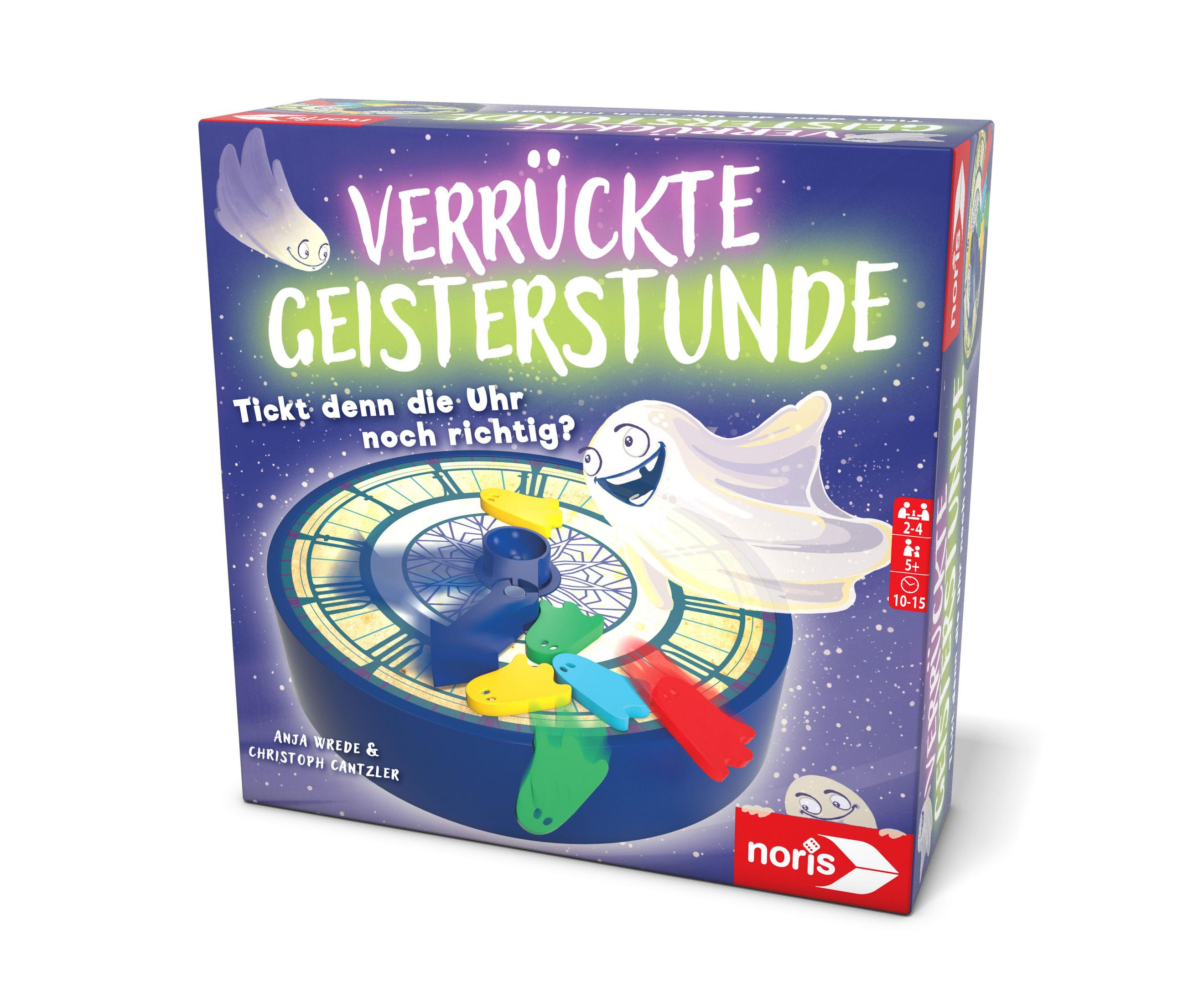 Schachtel für ein Brettspiel namens 'Verückte Geisterstunde'. Es zeigt einen Geist auf einem Ziffernblatt.