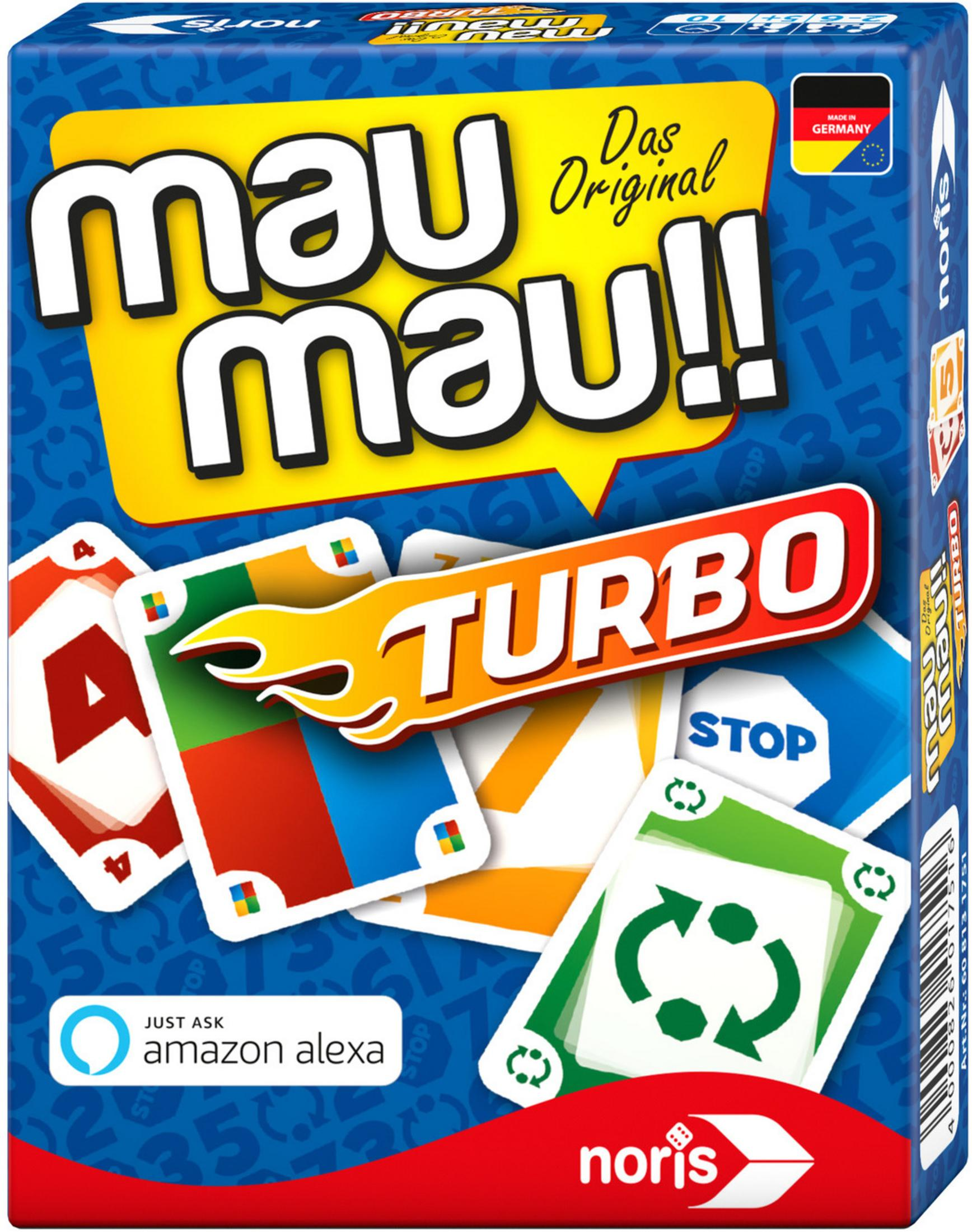 Eine Spielkartenbox, blau mit dem Text 'Mau Mau Turbo'. Es hat Alexa-Logo und Spielkarten.
