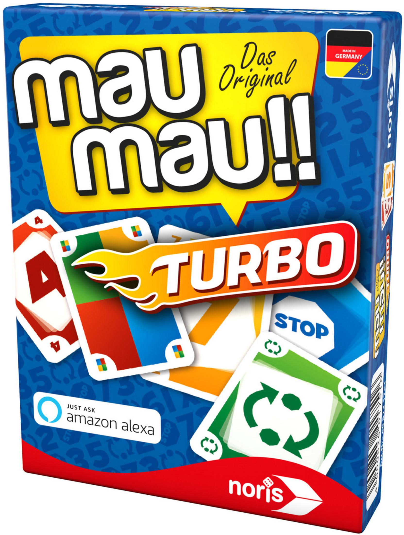 Eine Brettspielbox mit dem Titel 'mau mau turbo' und verschiedenen Kartenillustrationen.
