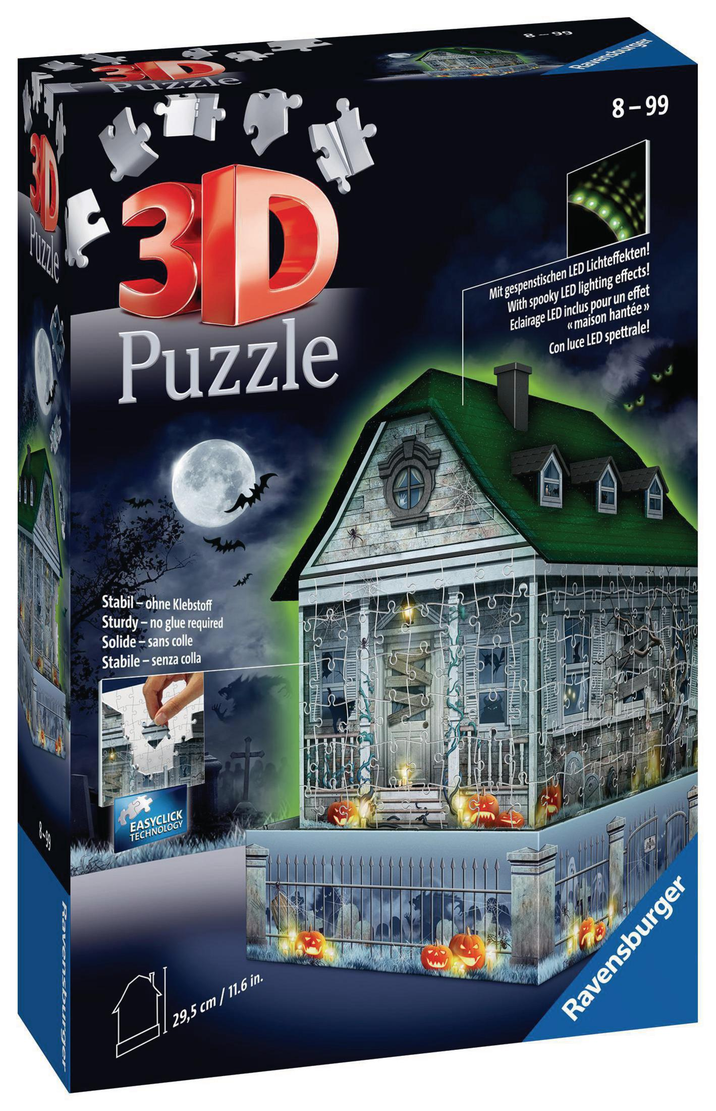 Eine 3D-Puzzlebox eines gruseligen Hauses mit Fledermäusen, Mond und Kürbissen. Das Haus ist grau.