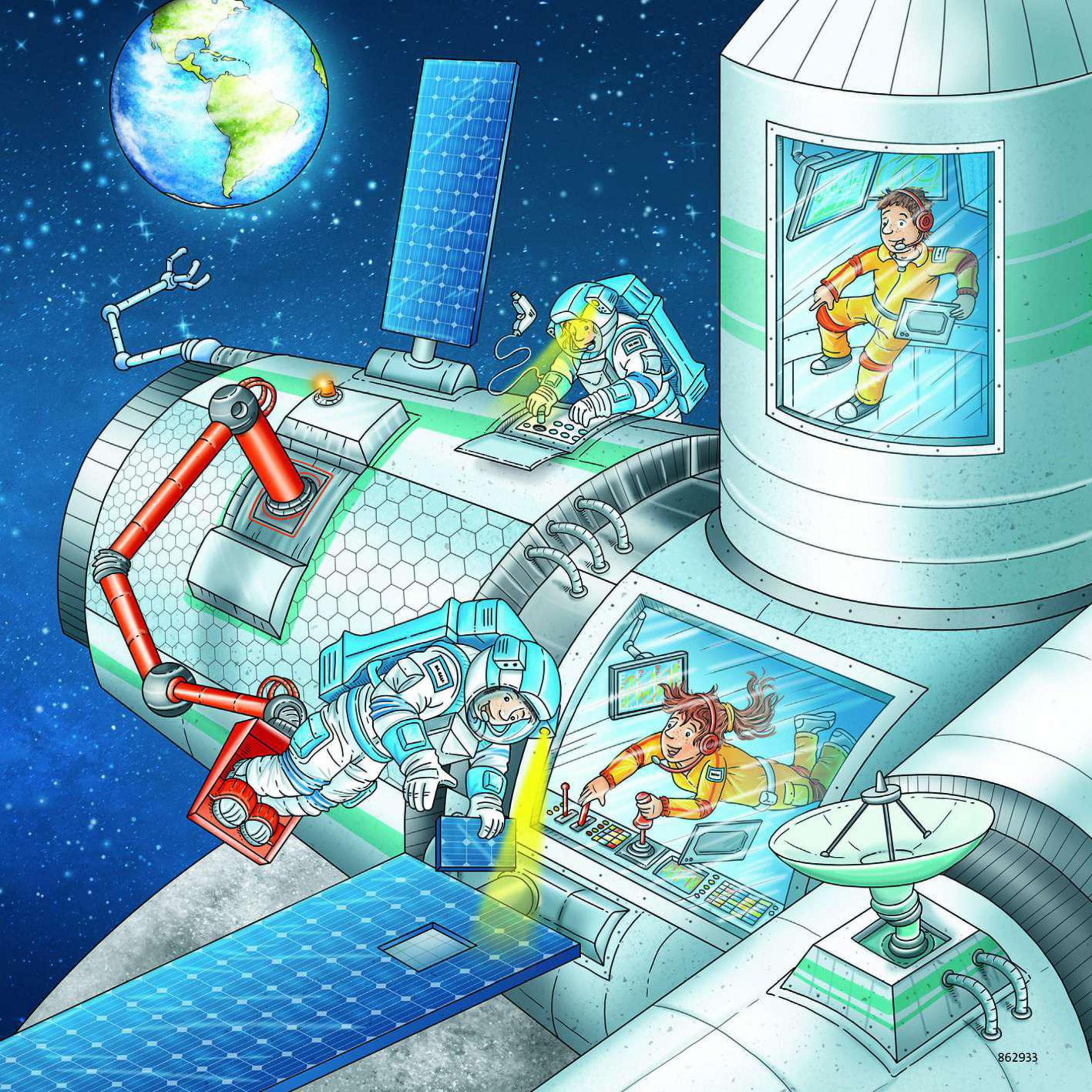 Illustration von Astronauten im Weltraum, die an einer Raumstation arbeiten.