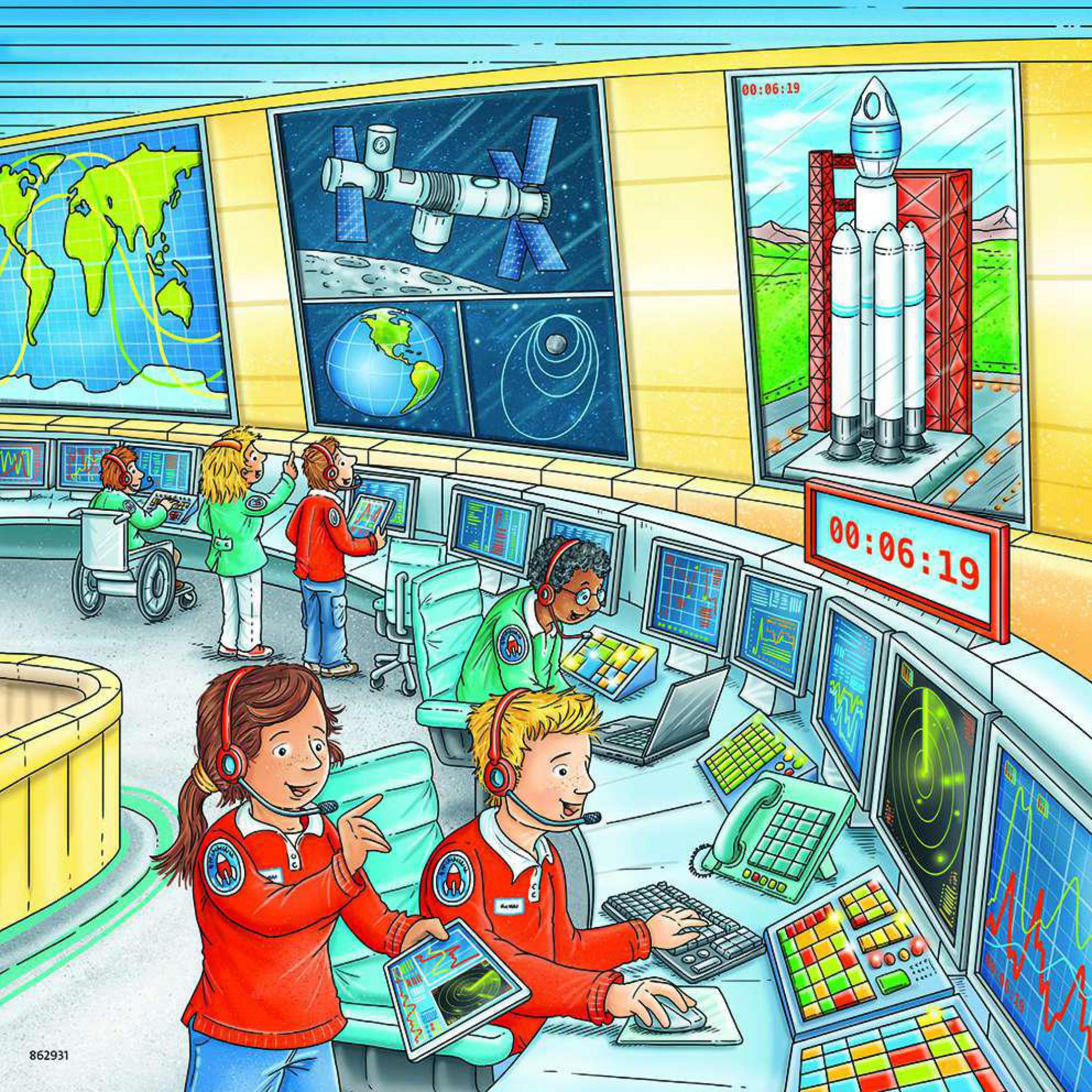 Illustration von Kindern in einem Kontrollraum mit Bildschirmen und einer Rakete auf einer Startrampe.
