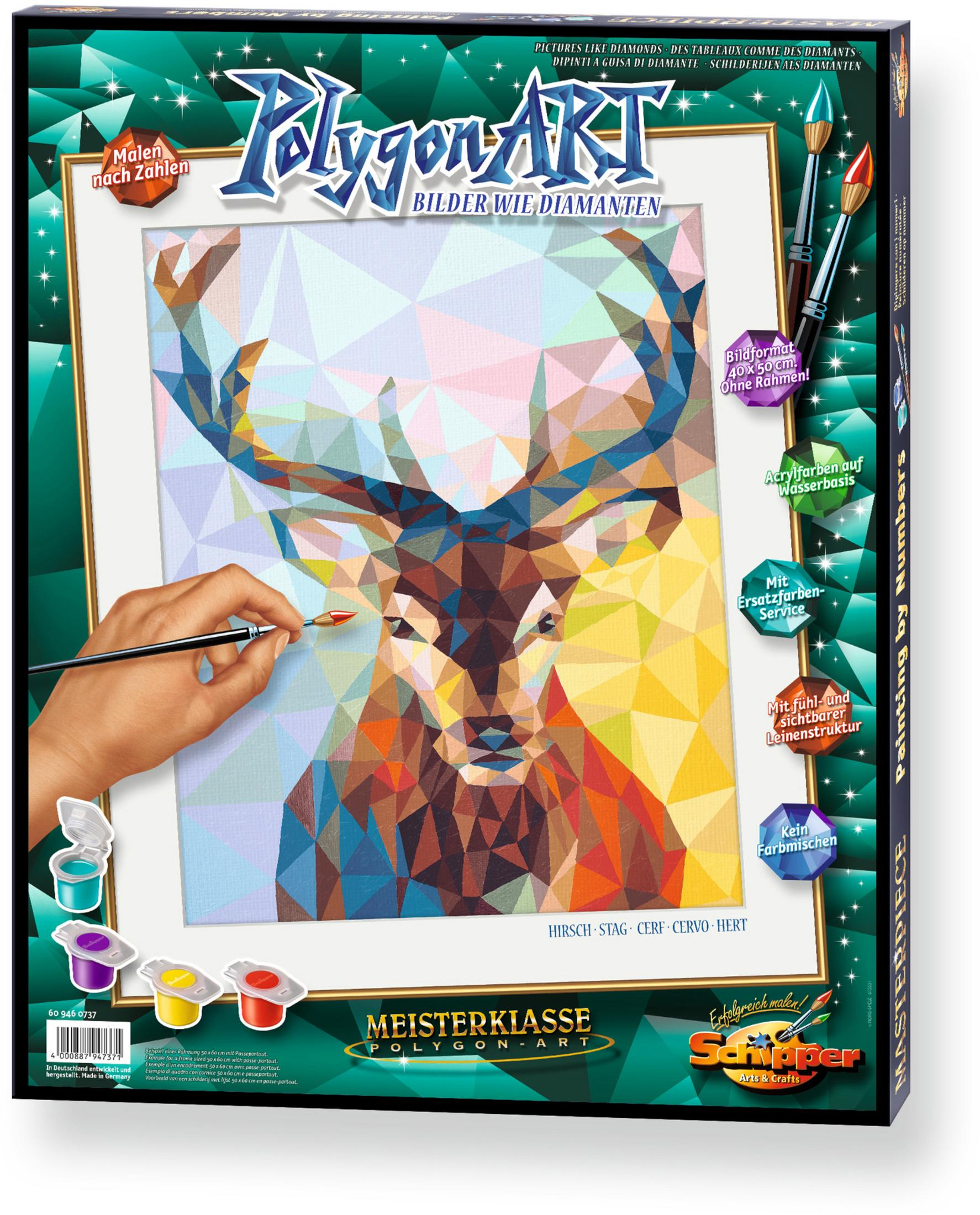 Polygon Art Malset. Hirschbild, verschiedene Farben und ein Pinsel.