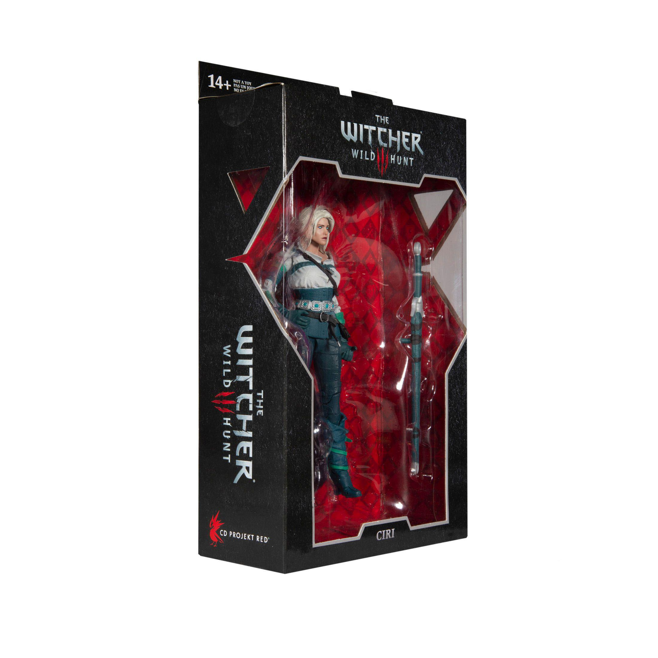 Eine The Witcher-Actionfigur-Box zeigt eine Figur von Ciri in einem durchsichtigen Kunststofffenster.
