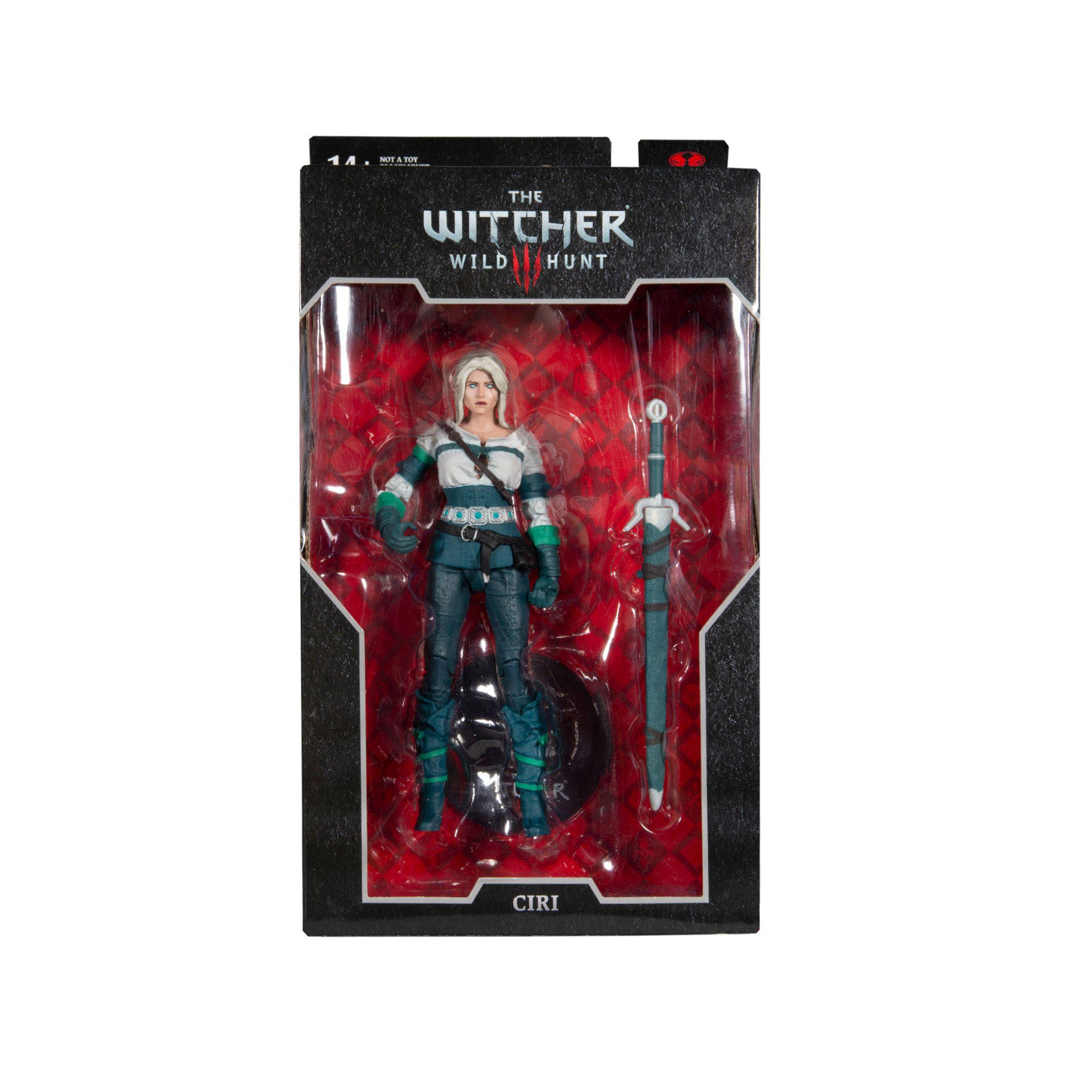 Actionfigur von Ciri aus The Witcher. Die Figur ist in einer Box, mit einem Schwert.