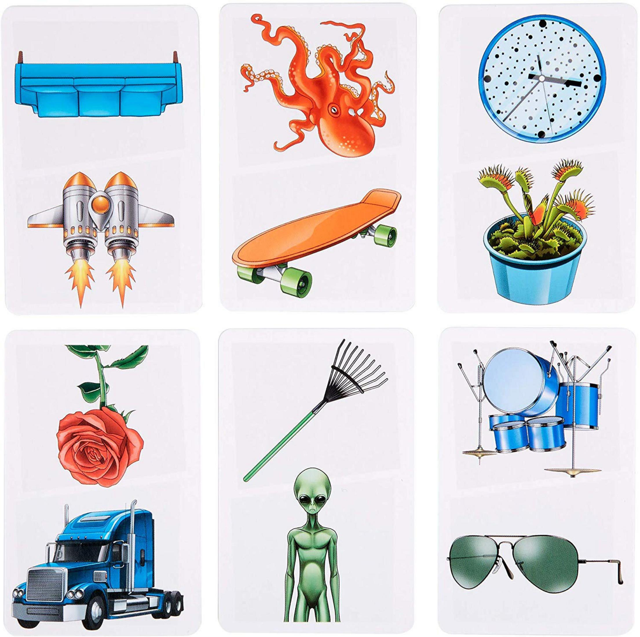 Karten mit verschiedenen Objekten: Sofa, Oktopus, Uhr, Rakete, Skateboard, Pflanzen, Rose, Rechen, Alien, Schlagzeug und Sonnenbrille.