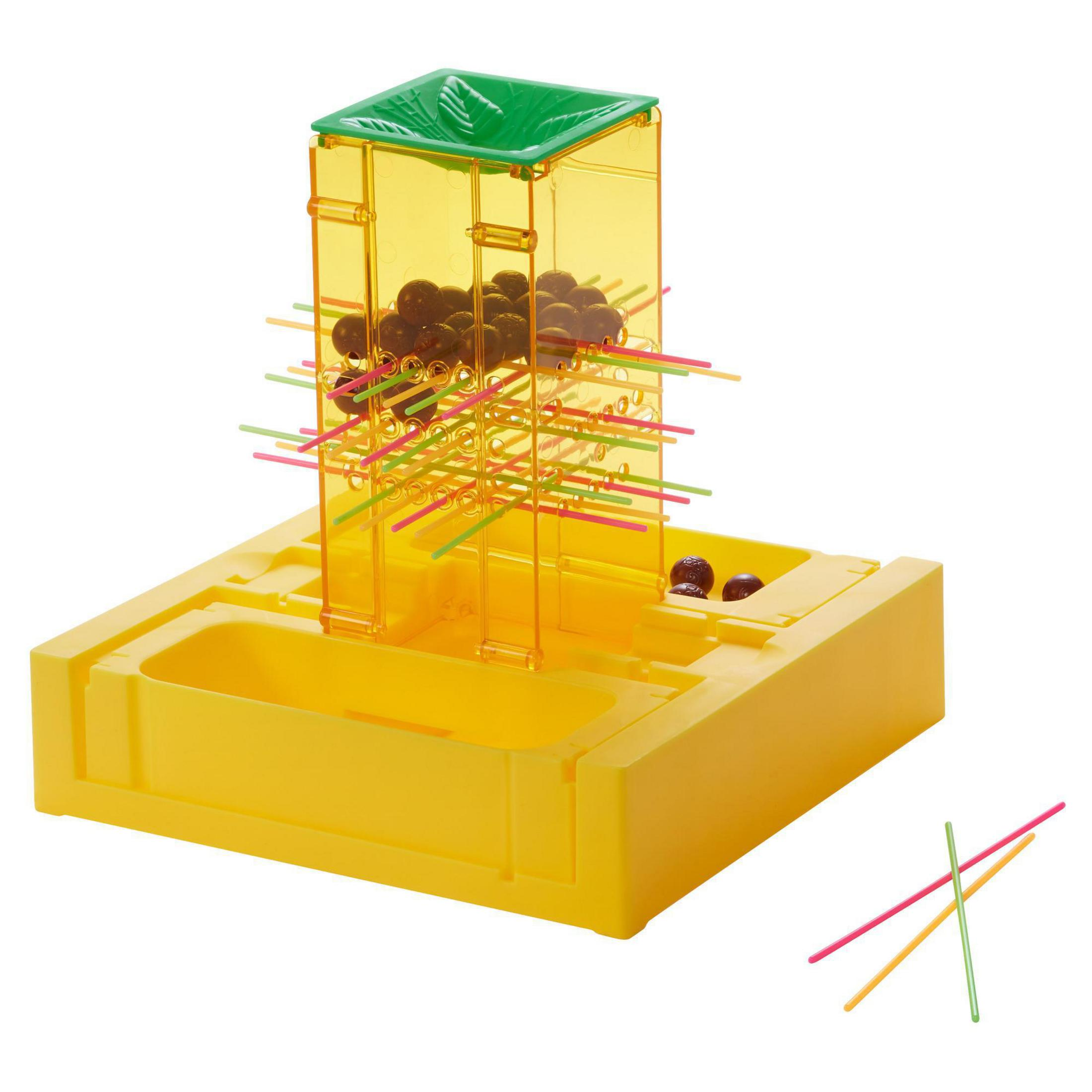 Gelbes Spiel mit Stäben und Kugeln. Kugeln fallen durch die Stäbe.