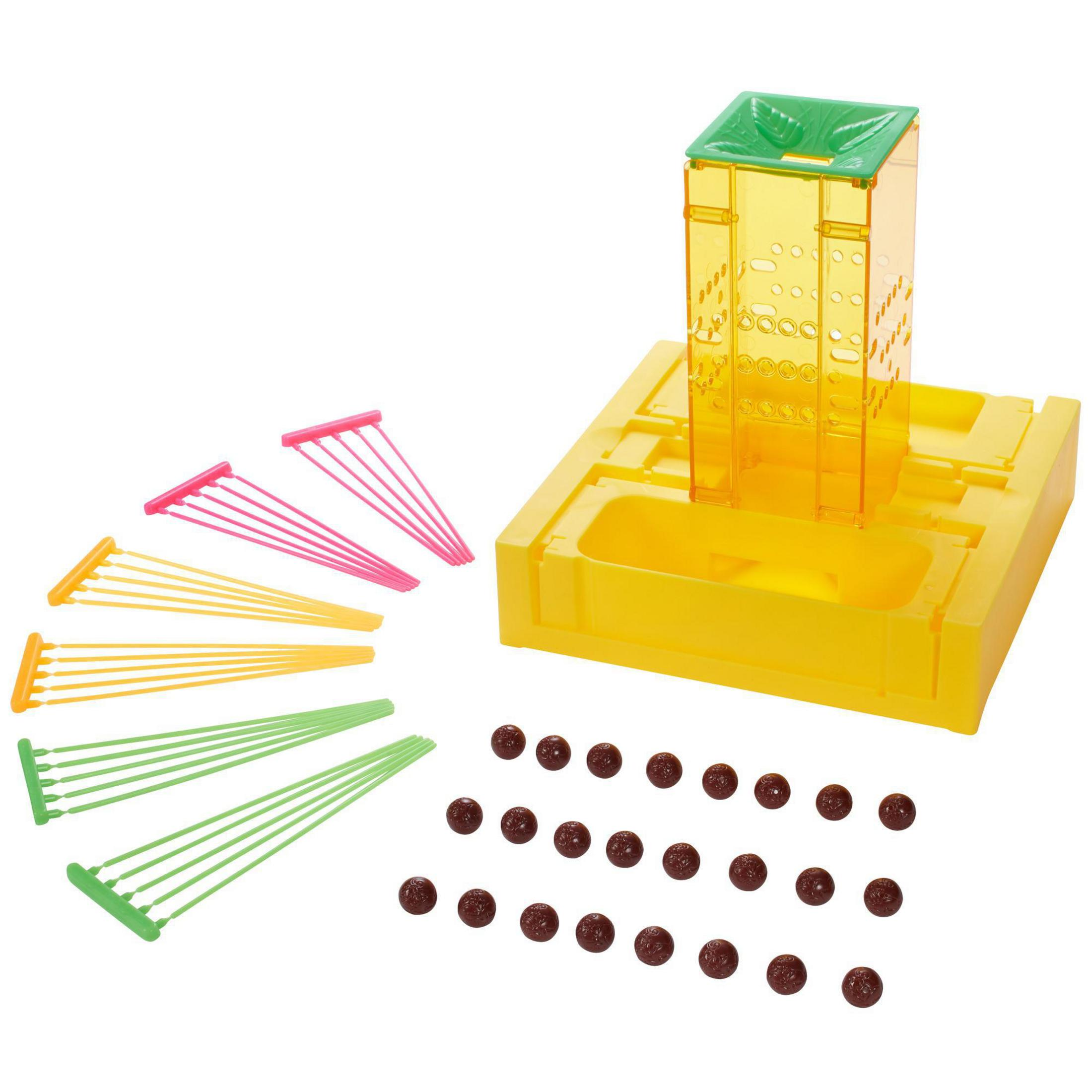 Ein gelbes Spiel mit bunten Stäben, braunen Pellets und einer grün-gelben Struktur.