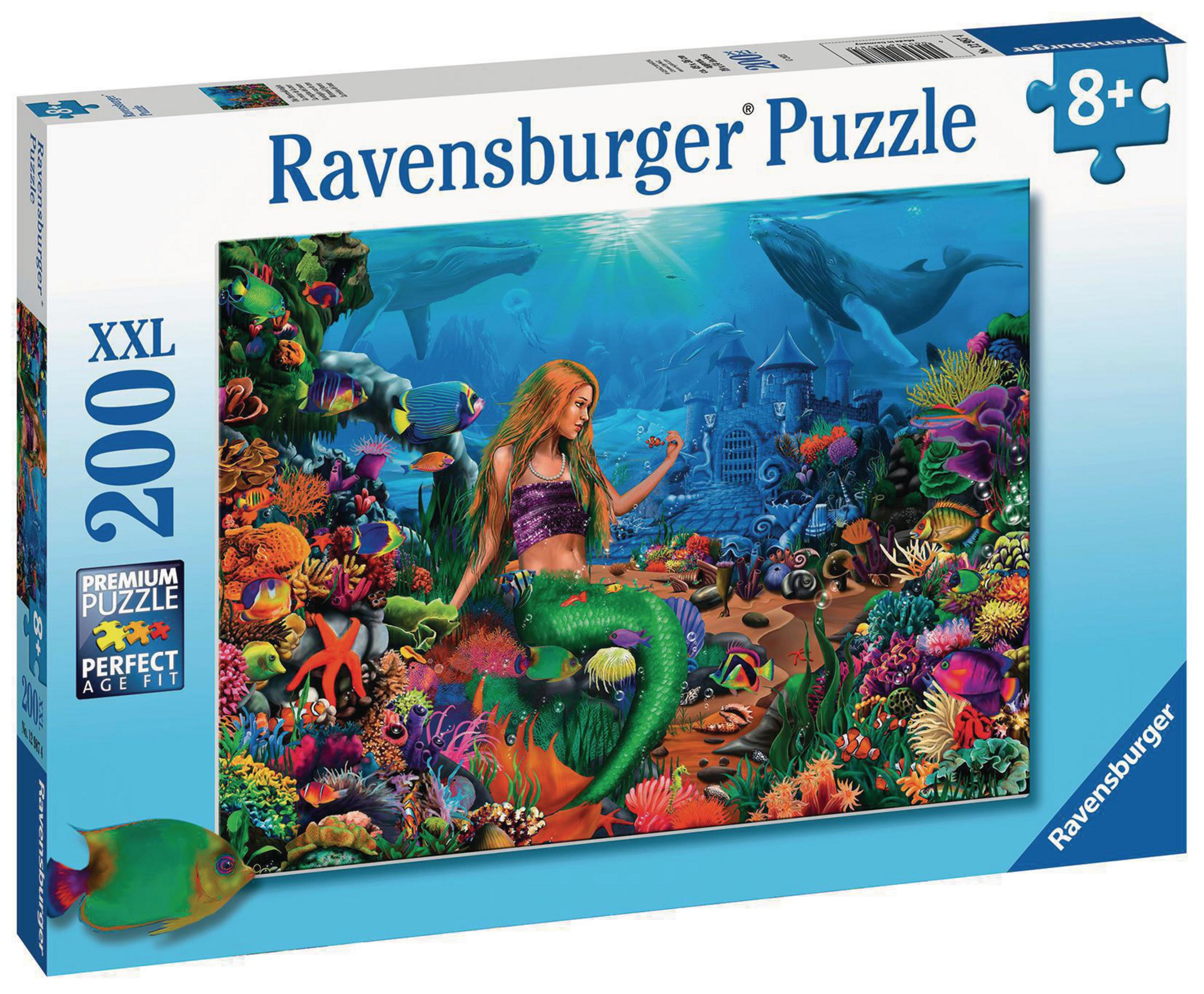 Syrena w kolorowej podwodnej scenerii z 200-elementową układanką. Widoczne wieloryby, ryby i zamek.