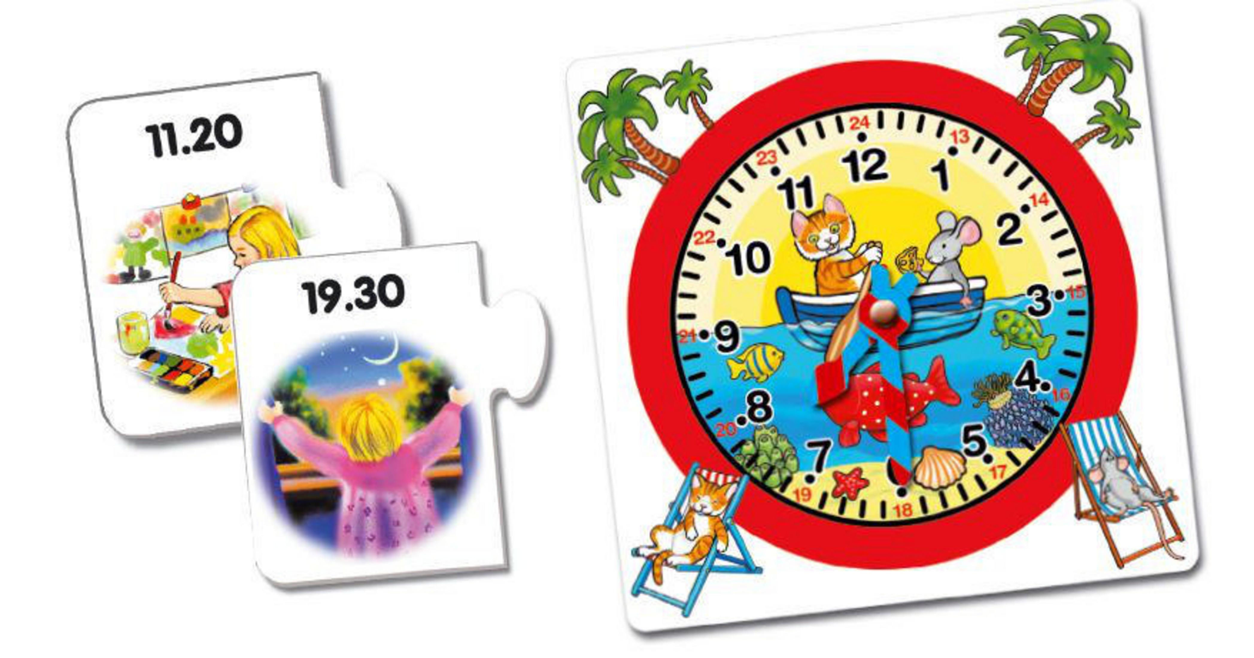 Ein Uhr-Puzzle mit zwei Zeitkarten und einem Zifferblatt mit Zeichentrickfiguren. Es zeigt die Zeiten 11:20 und 19:30.