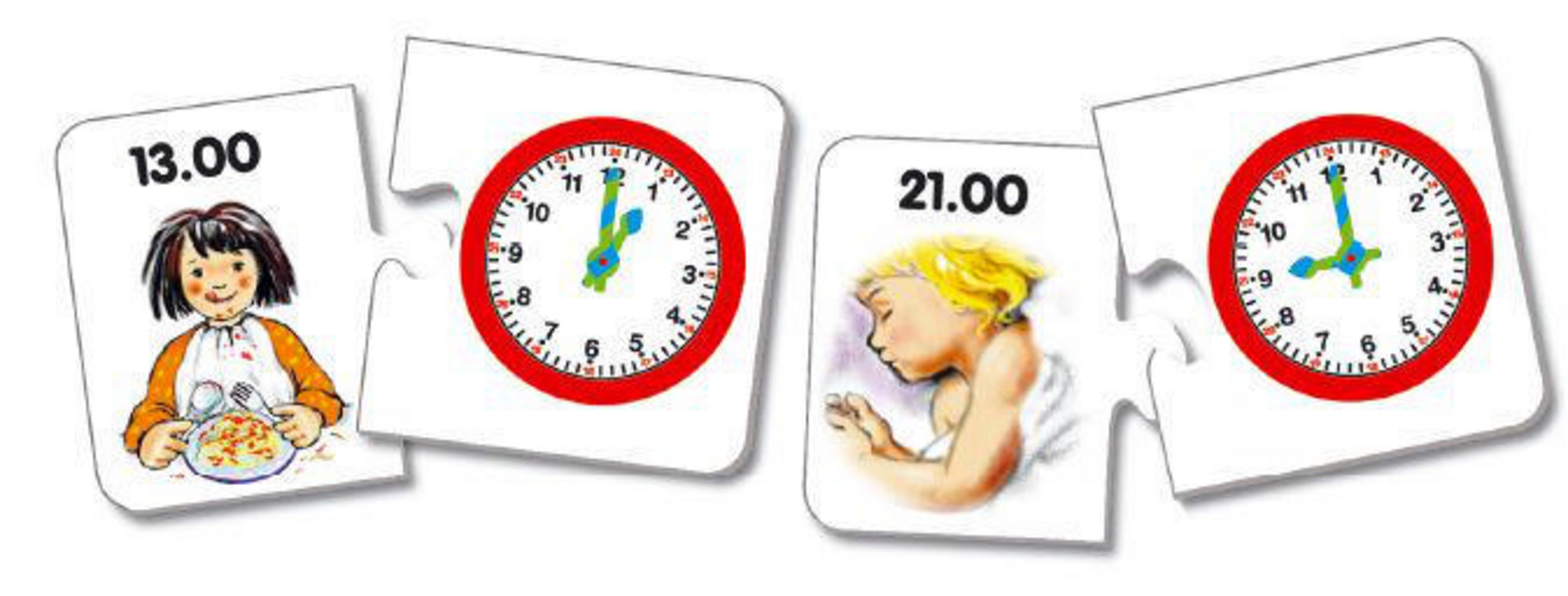 Lehrreiches Puzzle mit Bildern eines essenden und eines schlafenden Kindes.