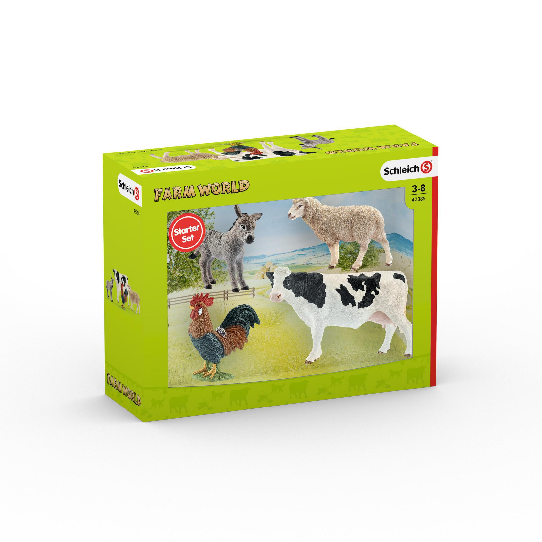 Spielzeugset mit Hoftieren: Esel, Schaf, Kuh und Hahn, in einer grünen Box.