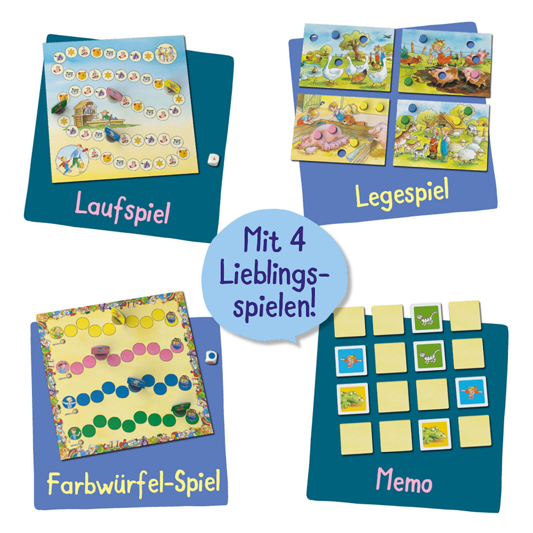 Cztery gry planszowe dla dzieci na niebieskich tłach, z niemieckim tekstem.