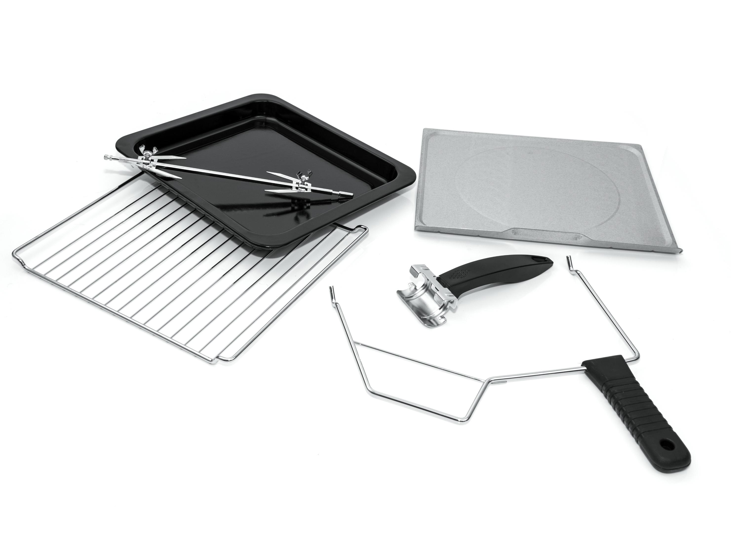 Akcesoria do piekarnika na białym tle. Zawiera blachę do pieczenia, rożen, ruszt i inne elementy.