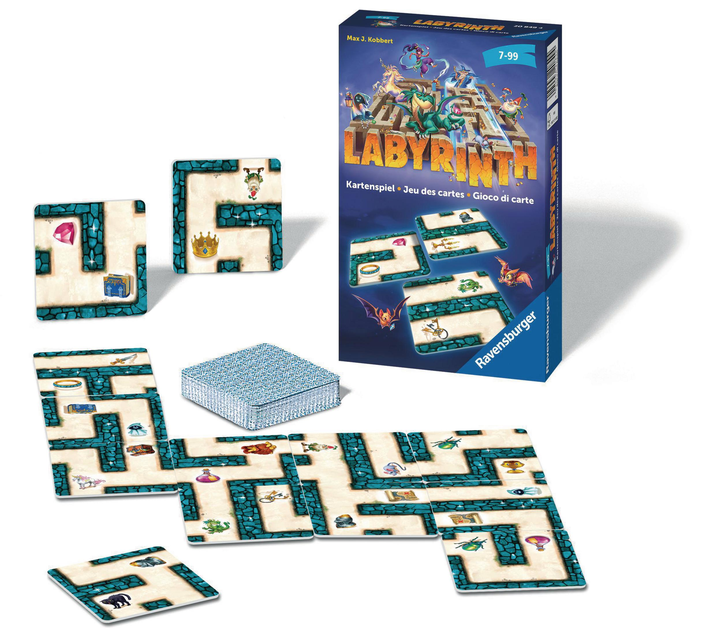 Pudełko i elementy gry planszowej Labyrinth, z motywem labiryntu.