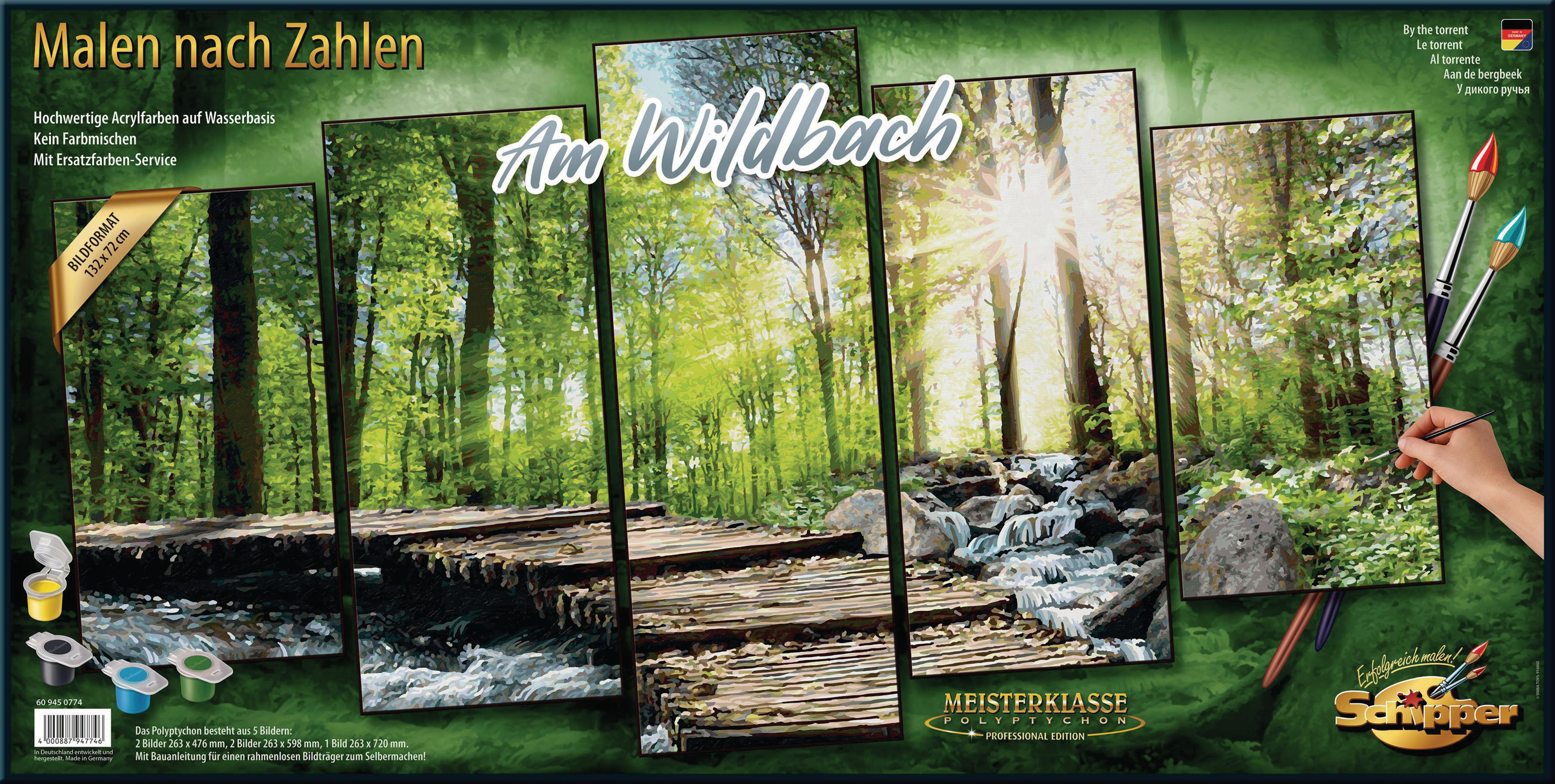 Malen-nach-Zahlen-Panorama. Ein Fluss, Bäume und eine Holzbrücke sind auf dem Gemälde zu sehen. Die Szene ist Natur.