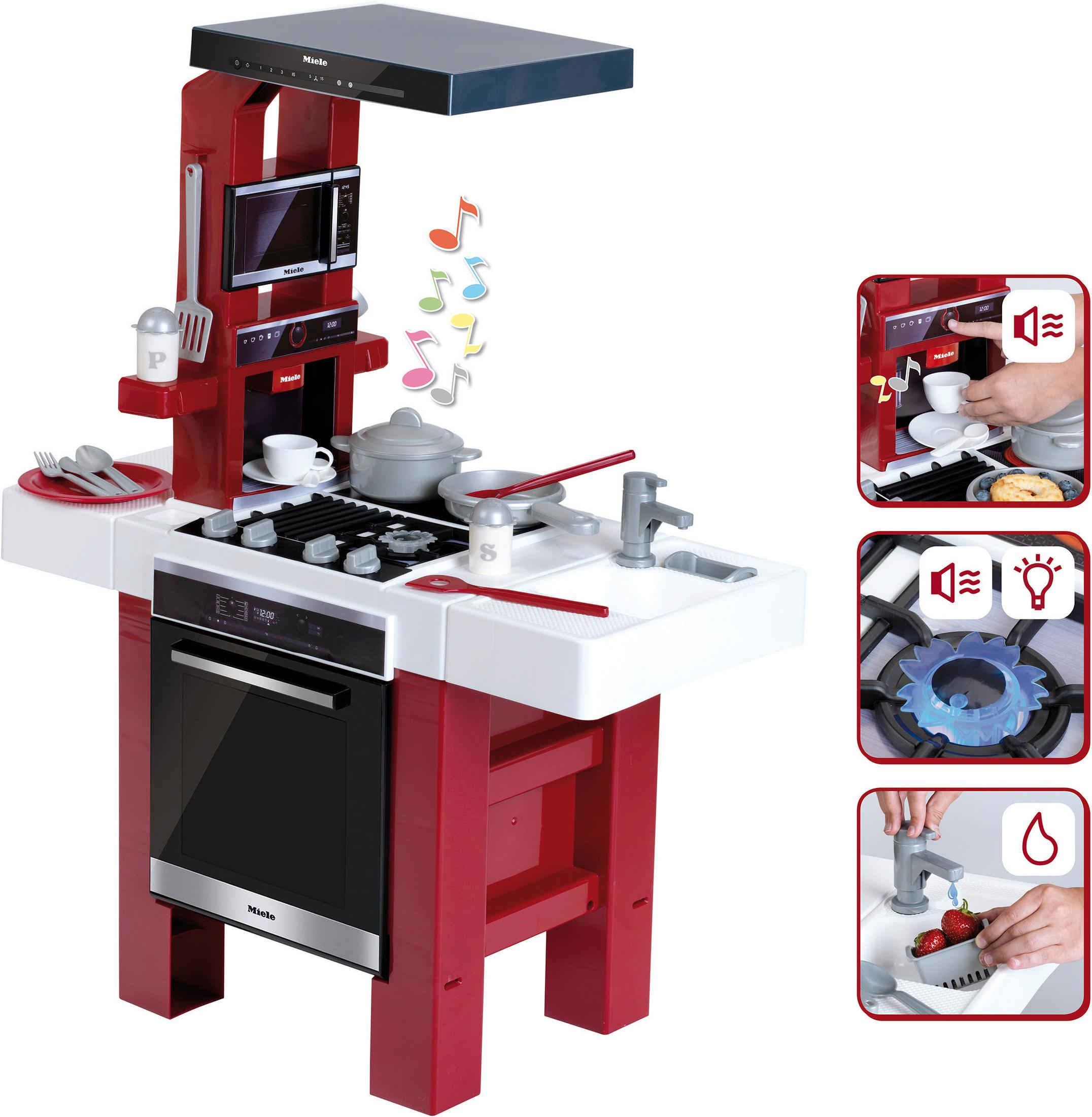 Spielzeugküche in Rot und Weiß mit viel Zubehör. Zusätzliche Bilder zeigen Details.