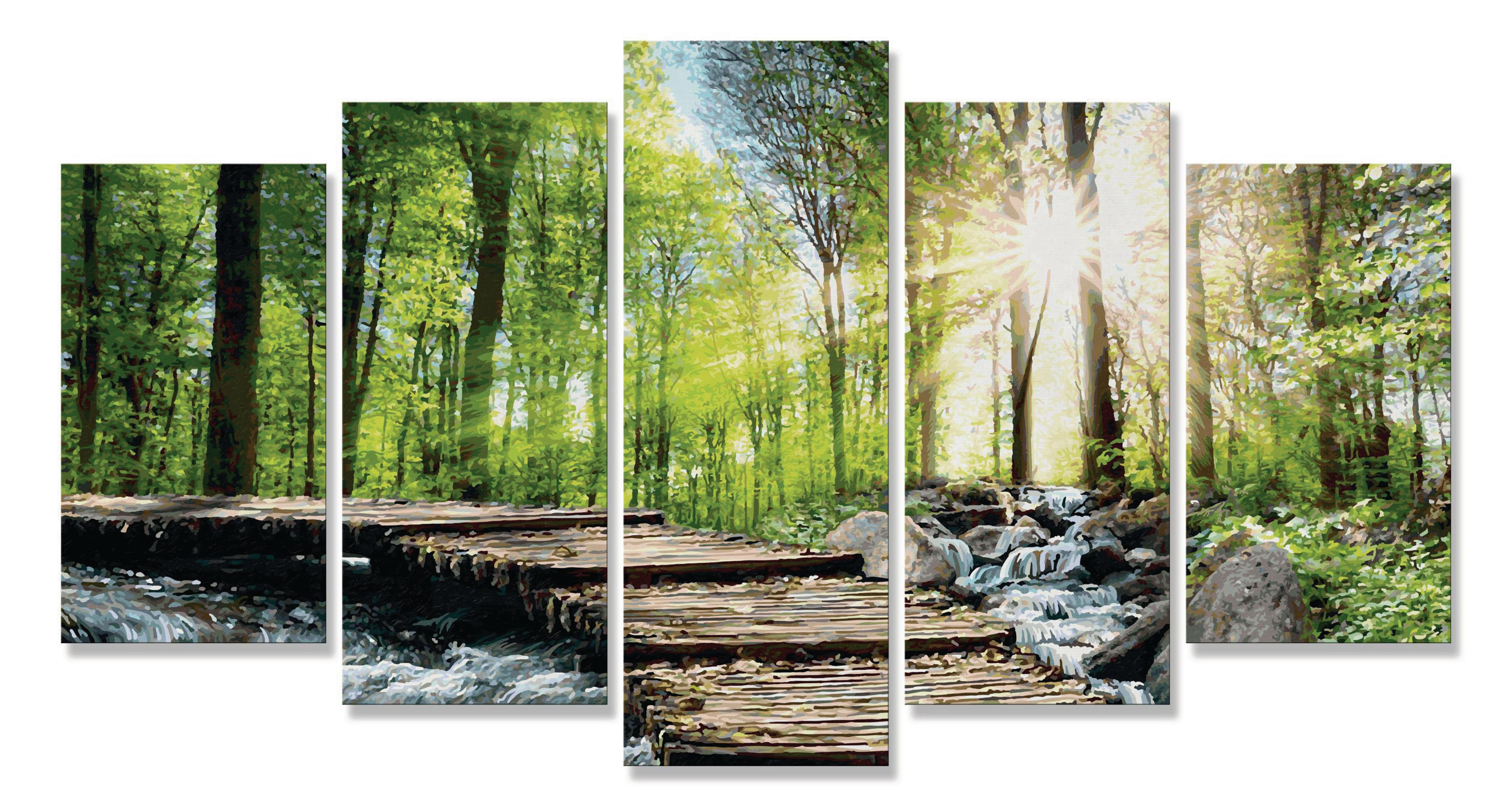 Ein Landschaftsgemälde einer Waldszene mit Holzbrücke und Bach, helles Sonnenlicht.