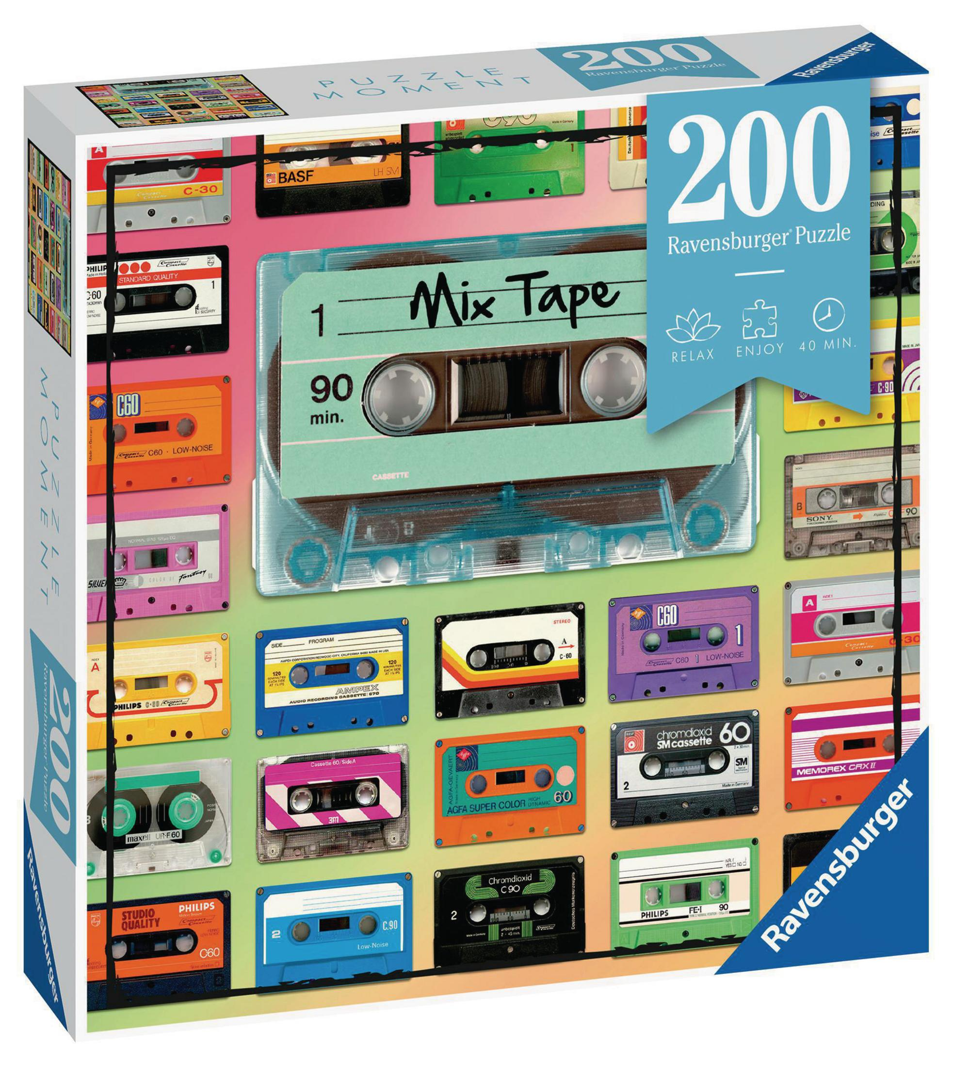 Pudełko z puzzlami z motywem mix tape z różnymi kasetami.