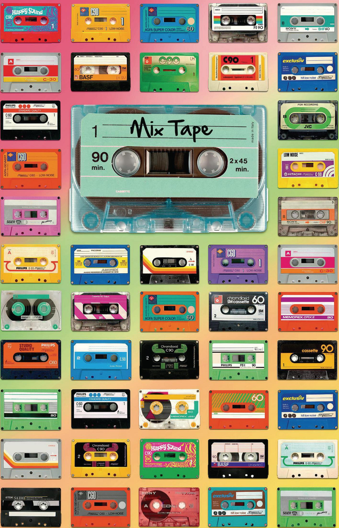 Kolaż kaset magnetofonowych retro w różnych kolorach. Jedna taśma jest półprzezroczysta z etykietą Mix Tape.