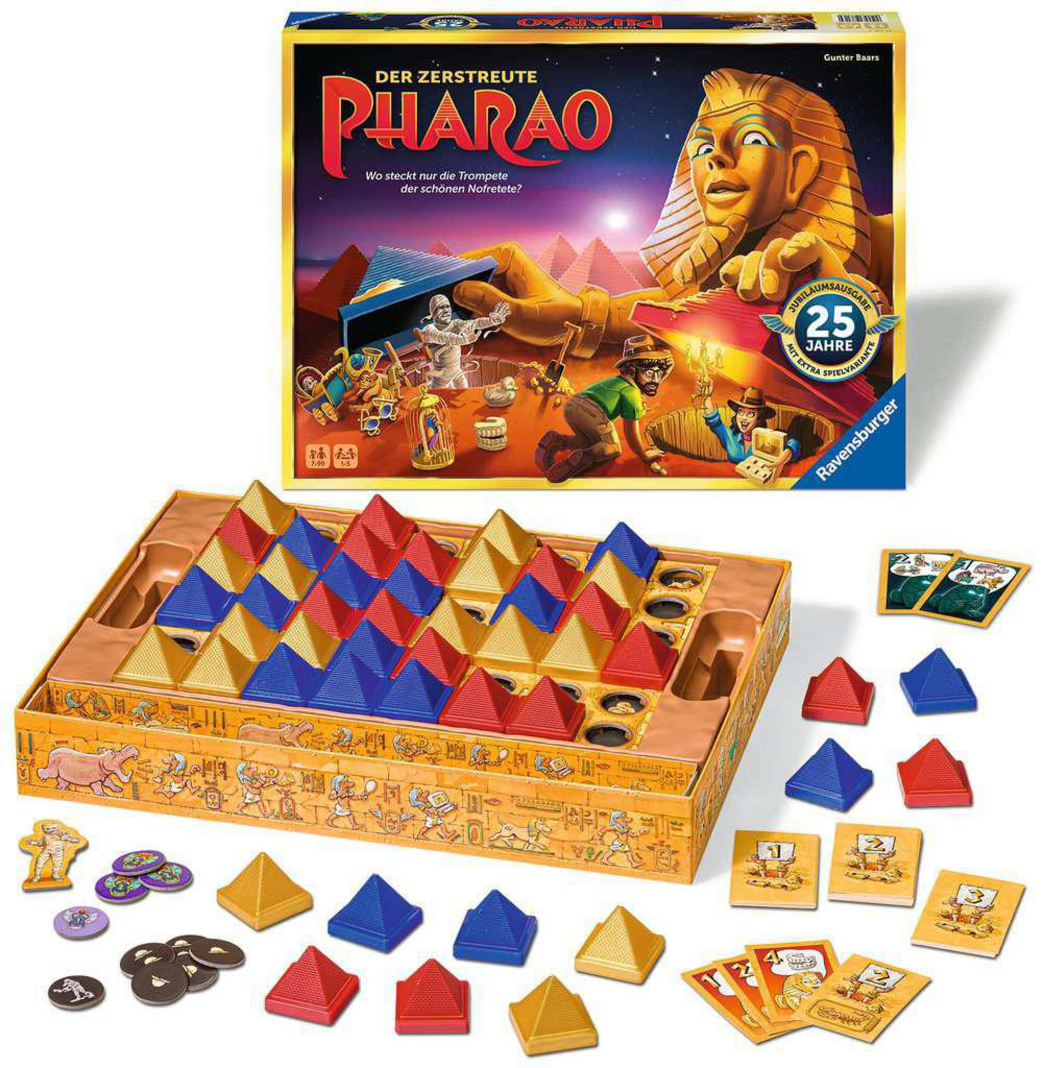 Brettspielbox mit Pyramide und Pharao-Illustration. Spielsteine und ein Spielbrett sind sichtbar.