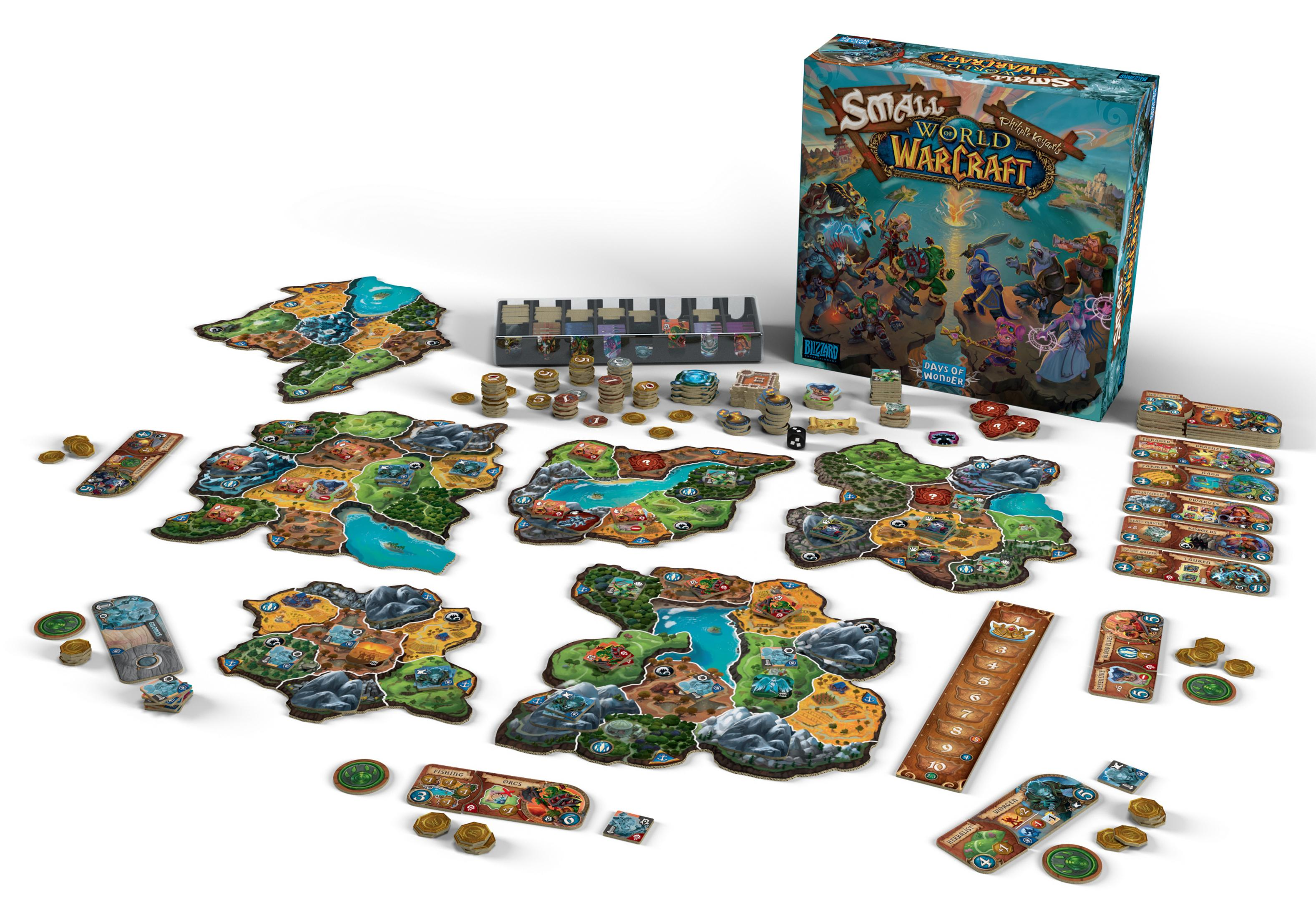 Small World Brettspiel-Set mit Spielbrettern, Spielsteinen, Würfeln und einer Box mit Illustrationen.