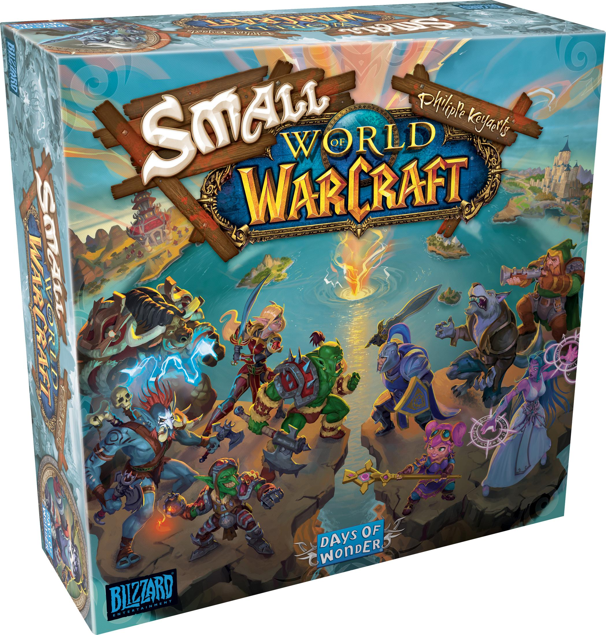 Small World: Warcraft Brettspielbox mit Fantasy-Charakteren und Landschaft.