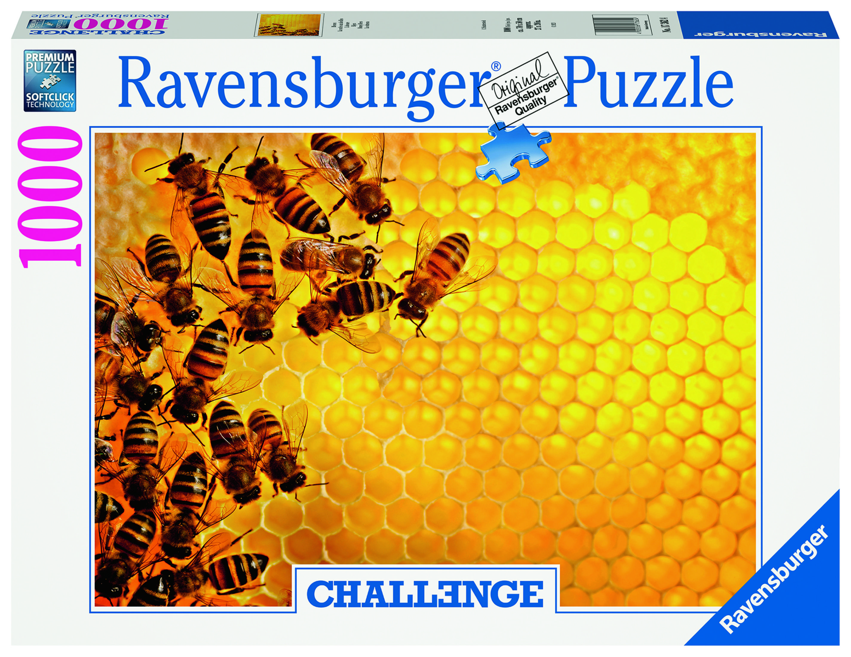 Pudełko z puzzlami przedstawiające pszczoły na plastrze miodu, z logo Ravensburger i słowem 'CHALLENGE'.