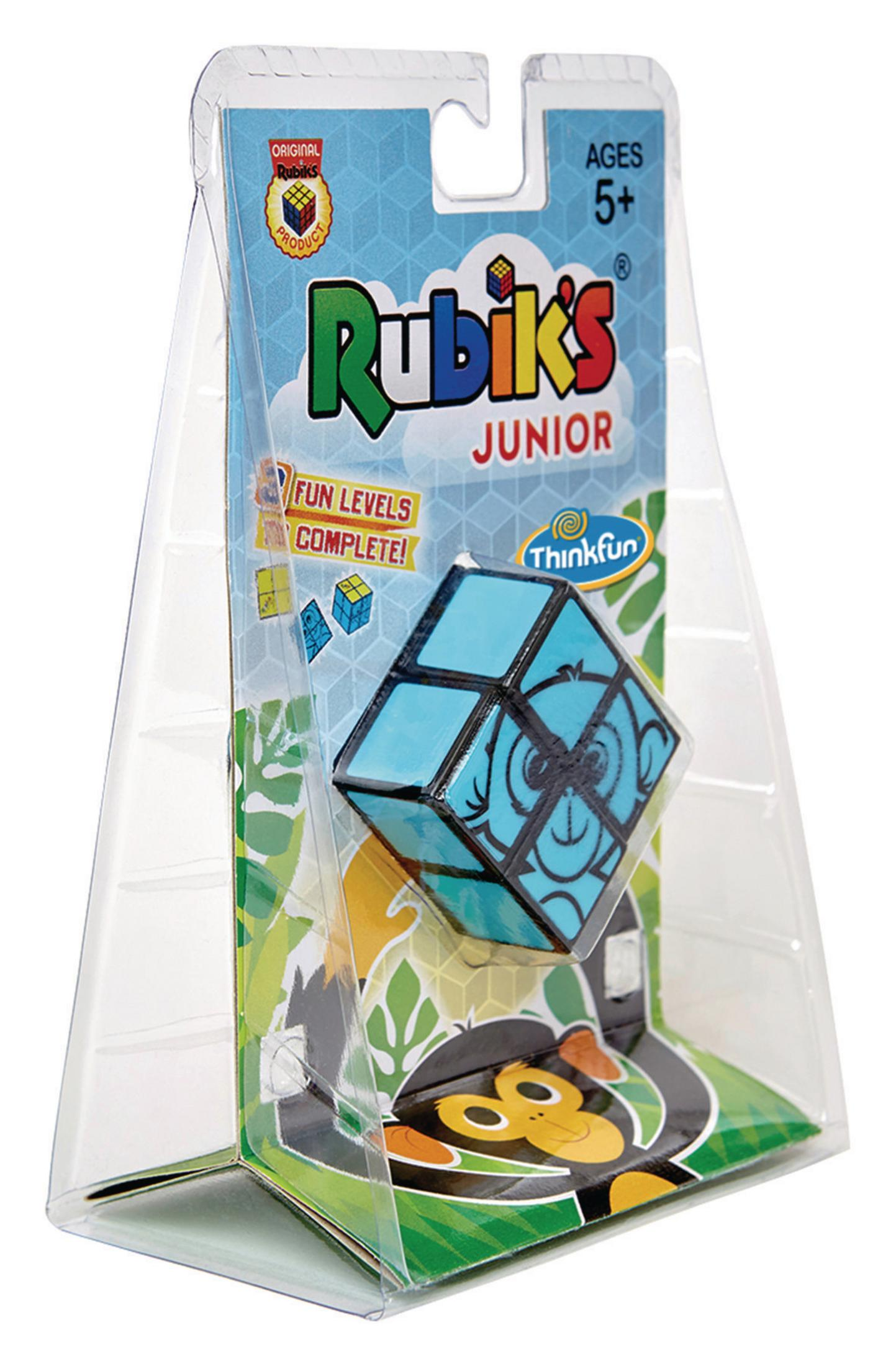 Ein Rubik's Junior-Puzzle in seiner Verpackung mit einem Affenmuster auf dem Würfel.