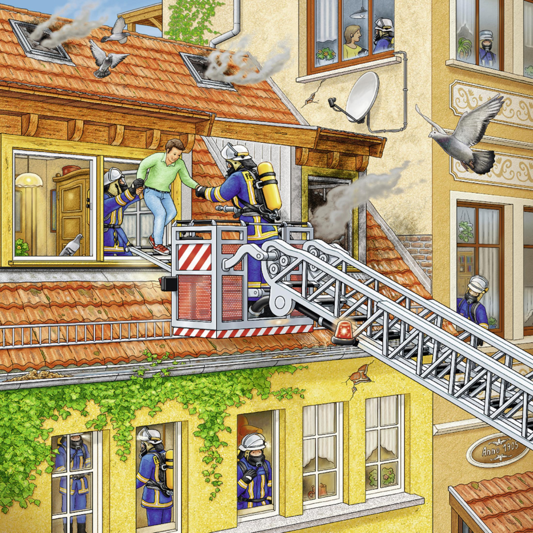Ilustracja strażaków ratujących kogoś z płonącego budynku za pomocą drabiny. Gołębie lecą w scenie.