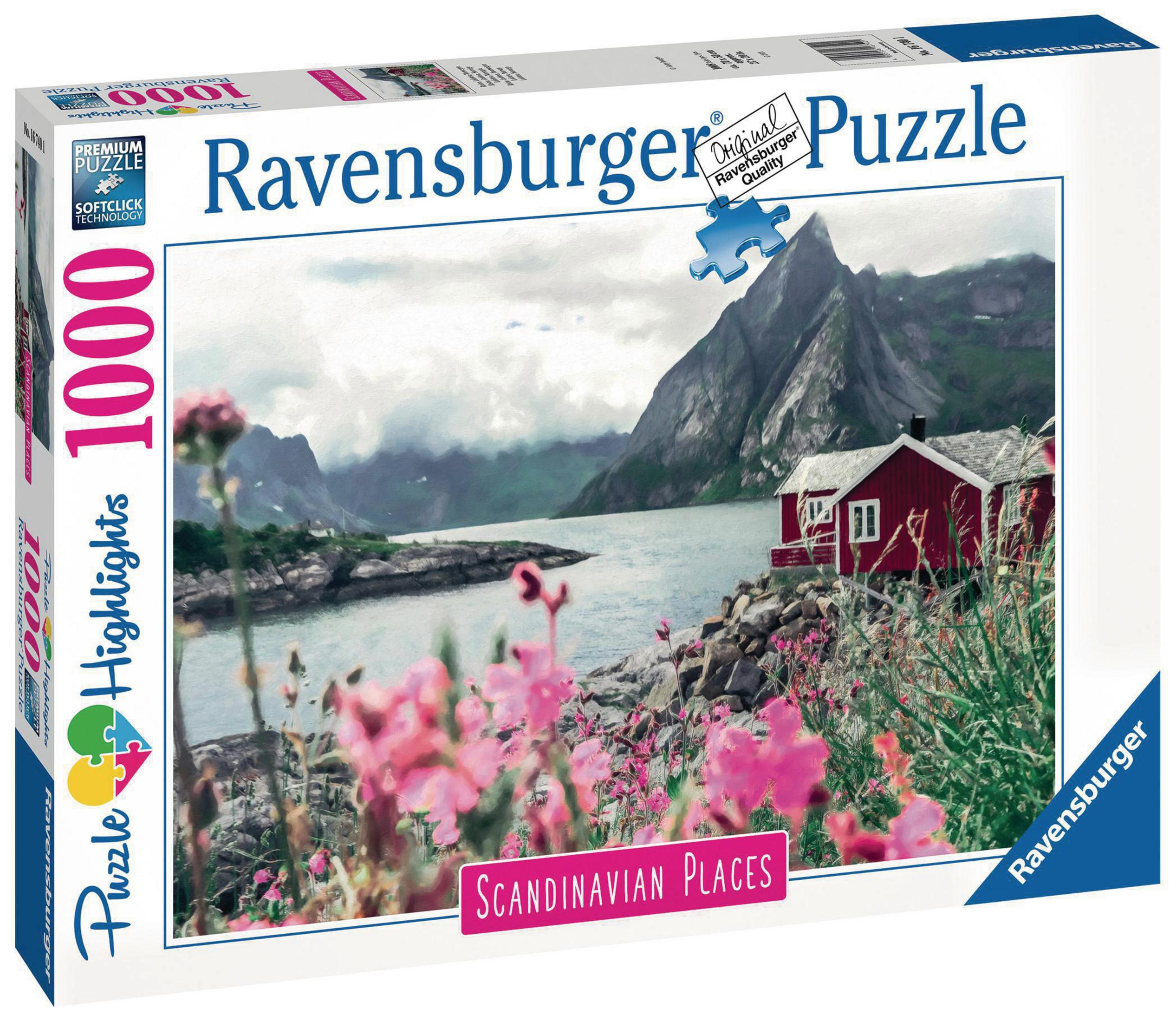 Eine Ravensburger 1000 Teile Puzzlebox von einem roten Haus an einem See und Bergen. Rosa Blumen im Vordergrund.