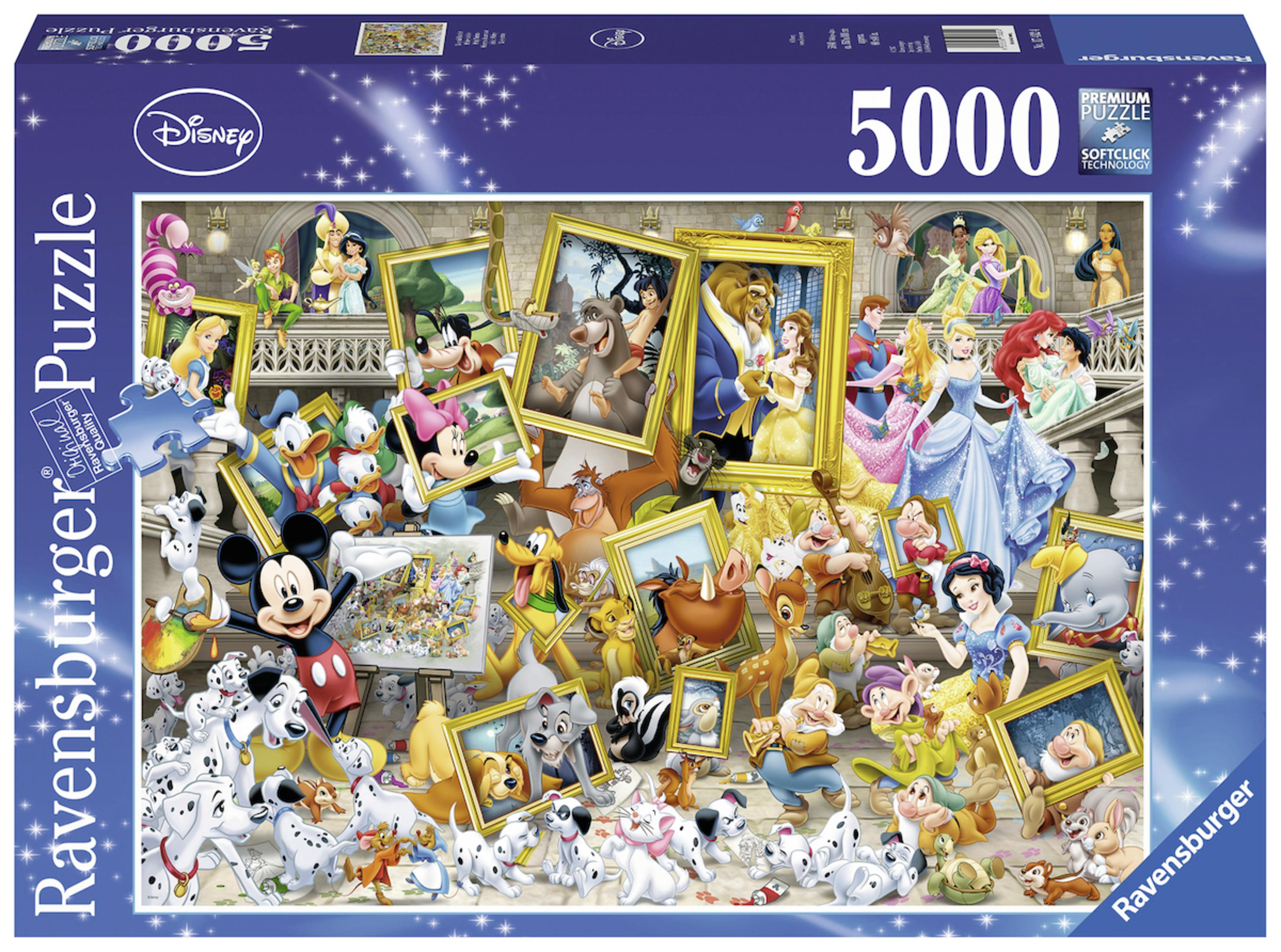 Eine Disney-Puzzle-Box mit vielen abgebildeten Charakteren, darunter Mickey Mouse und Prinzessinnen.