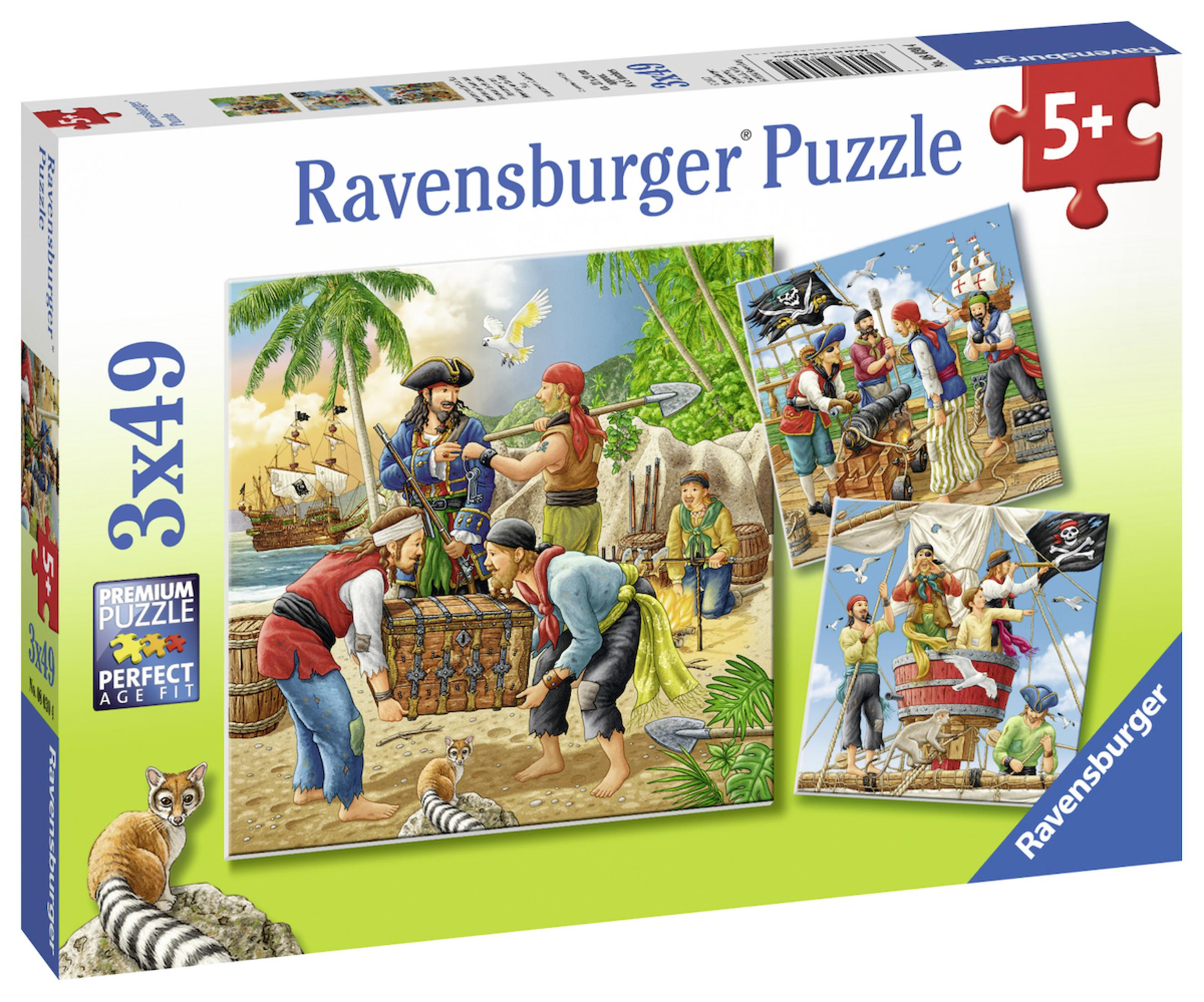 Ravensburger Puzzle-Box mit Piraten-Puzzle-Bildern, weißer Hintergrund.
