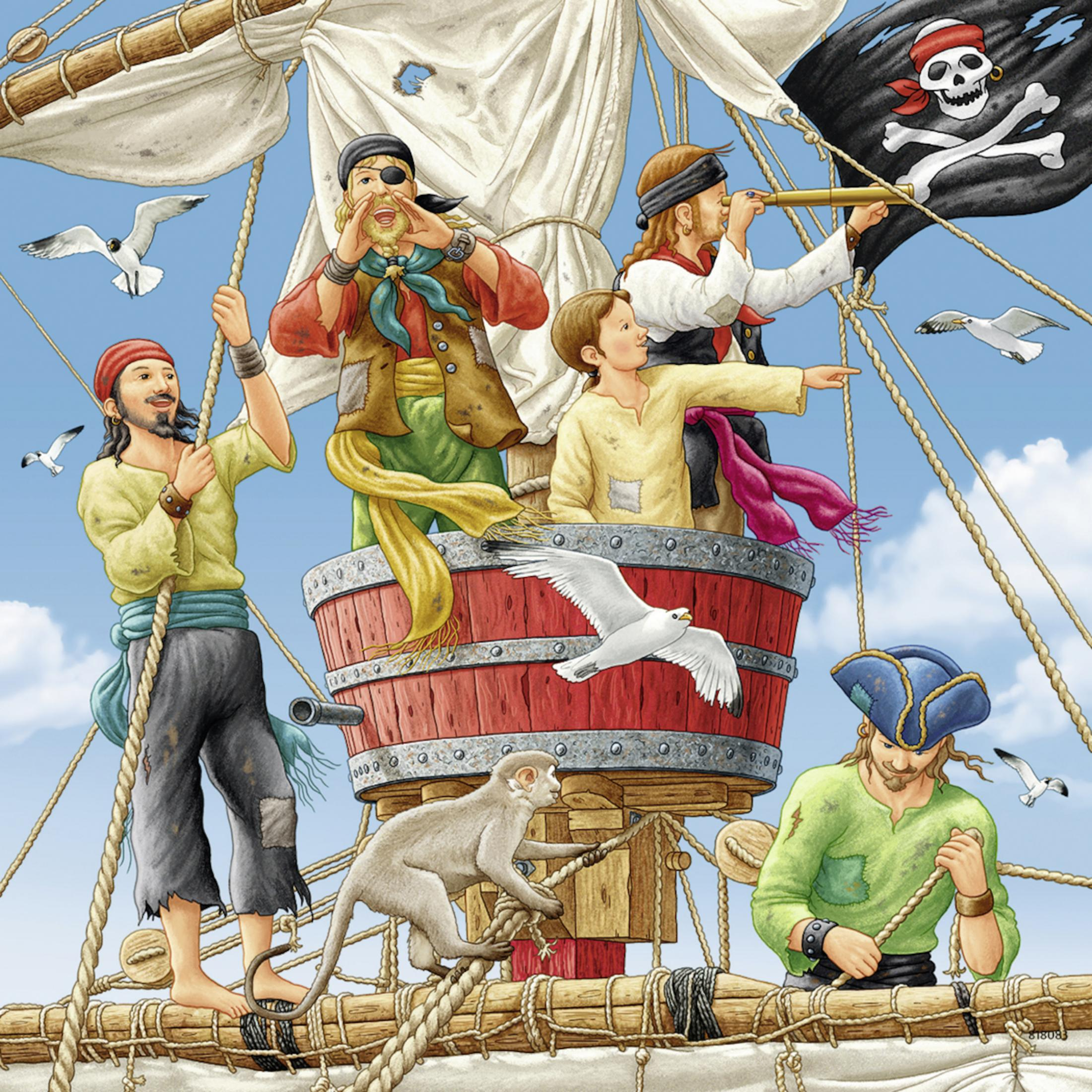 Piraten auf einem Schiff. Ein Piratenkapitän schreit. Ein Affe hält ein Seil. Möwen fliegen in der Nähe des Schiffs.
