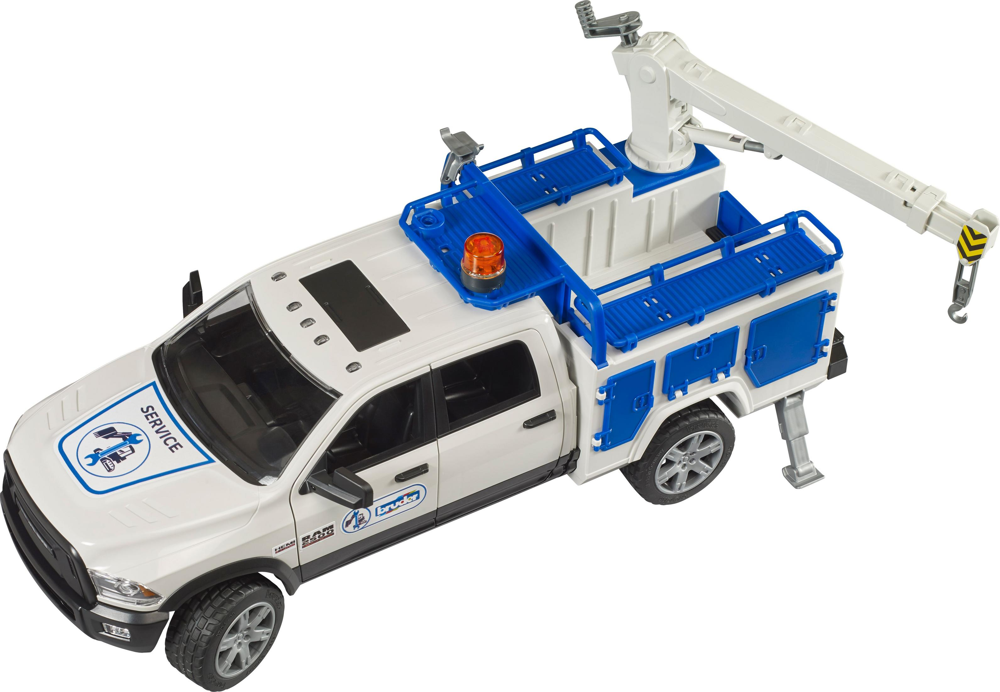 Biała zabawka ciężarówka serwisowa z żurawiem, niebieskimi akcentami i logo na białym tle.