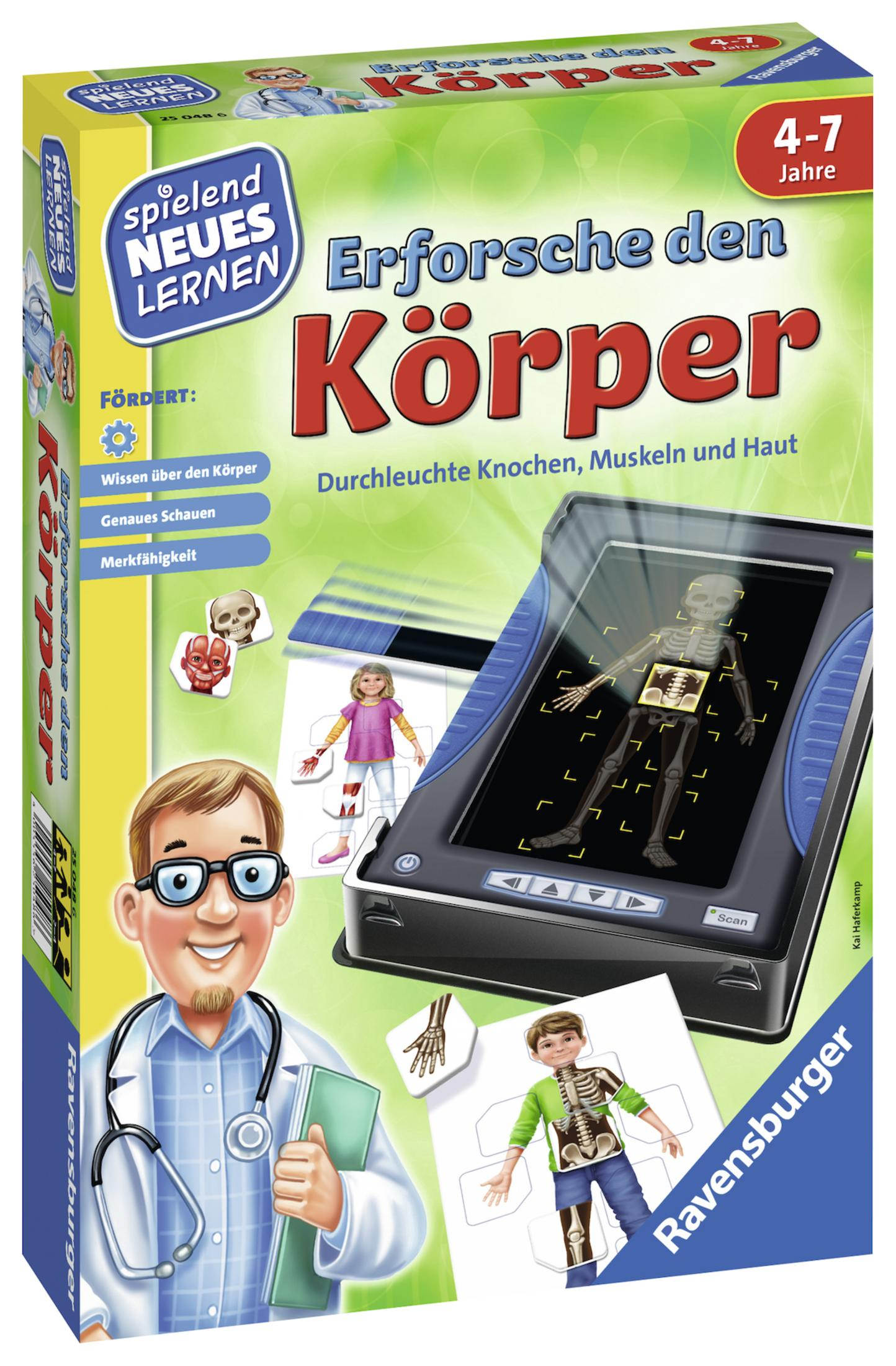 Schachtel für ein pädagogisches Kinderspiel über den menschlichen Körper mit Arzt und Skelett.