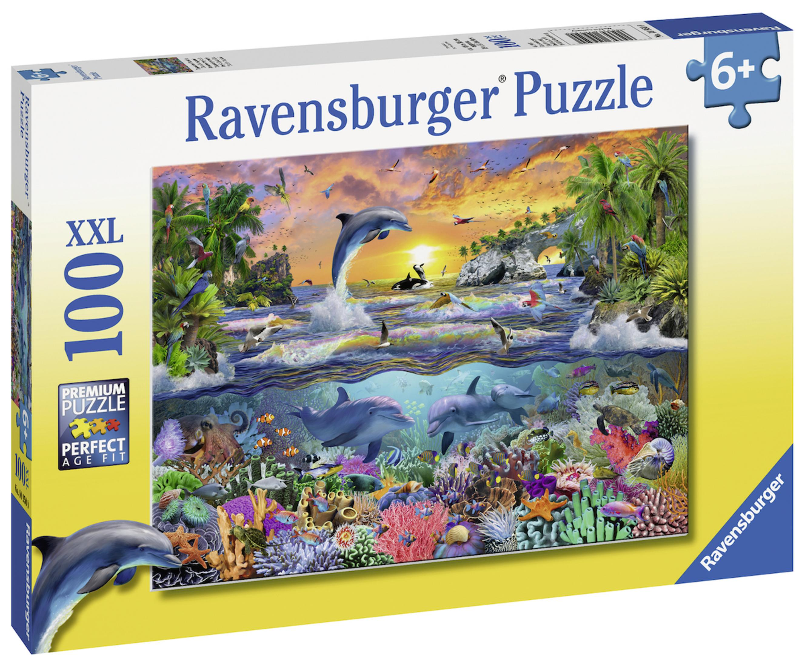 Eine Puzzledose zeigt eine tropische Szene mit Delfinen und Unterwasserleben. Auf der Dose steht 100 XXL.