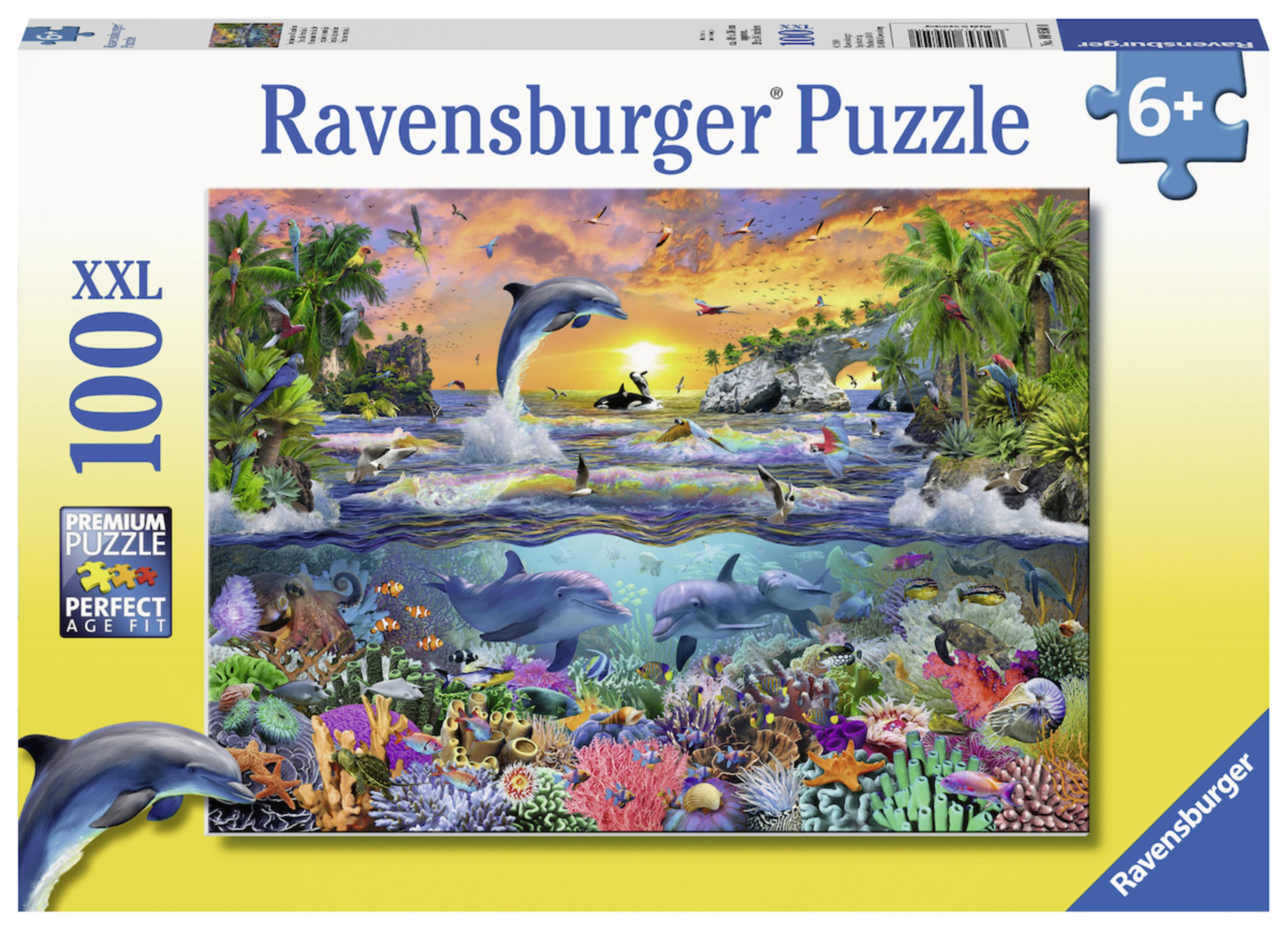 Eine Puzzle-Box mit einer Landschaftsszene. Delfine, Palmen und ein Sonnenuntergang sind zu sehen. Es steht 100 Teile.