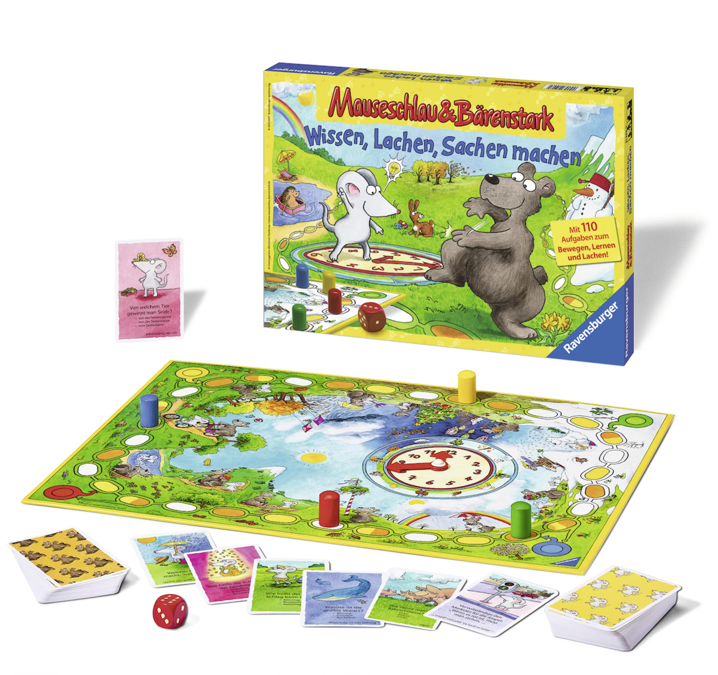 Kinderspielkasten. Cartoon-Bär und Maus auf dem Cover. Spielsteine und Karten sind ebenfalls sichtbar.
