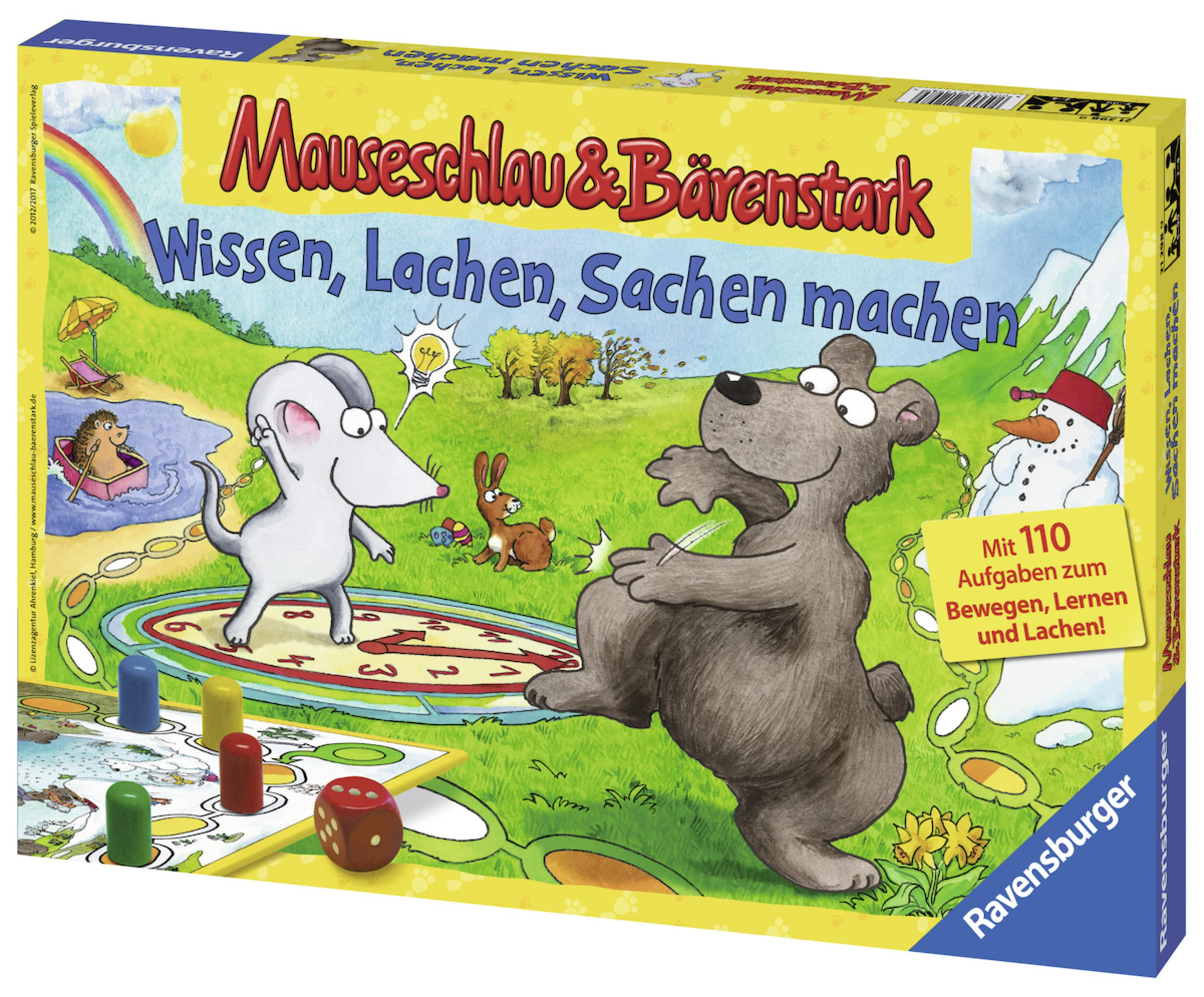 Eine Box mit Zeichentrickfiguren und einem Spielbrett. Auf der Box steht 'Mauseschlau & Bärenstark'.