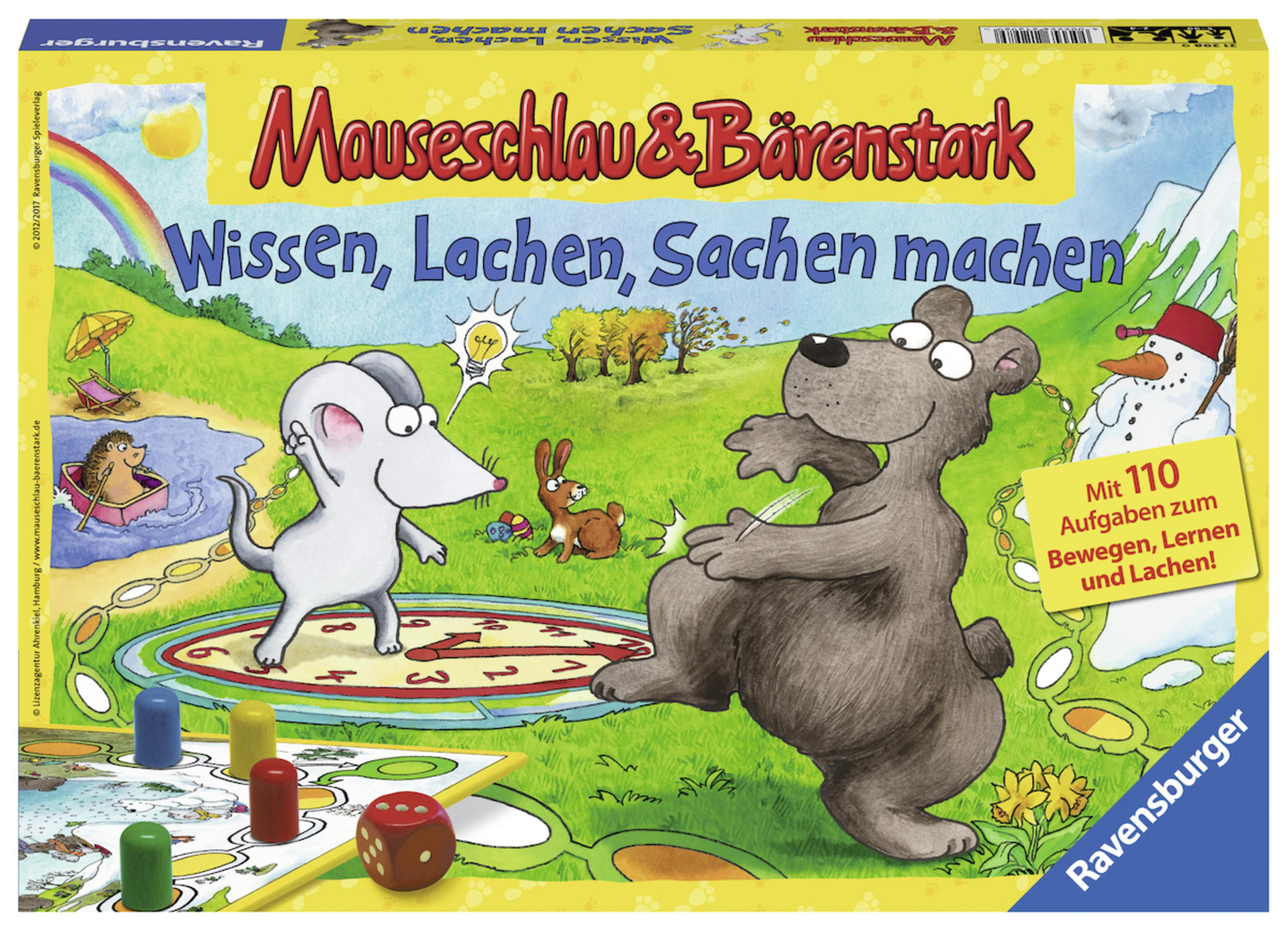 Brettspielbox mit Maus, Bär und anderen Figuren auf einem grünen Feld mit Regenbogen.