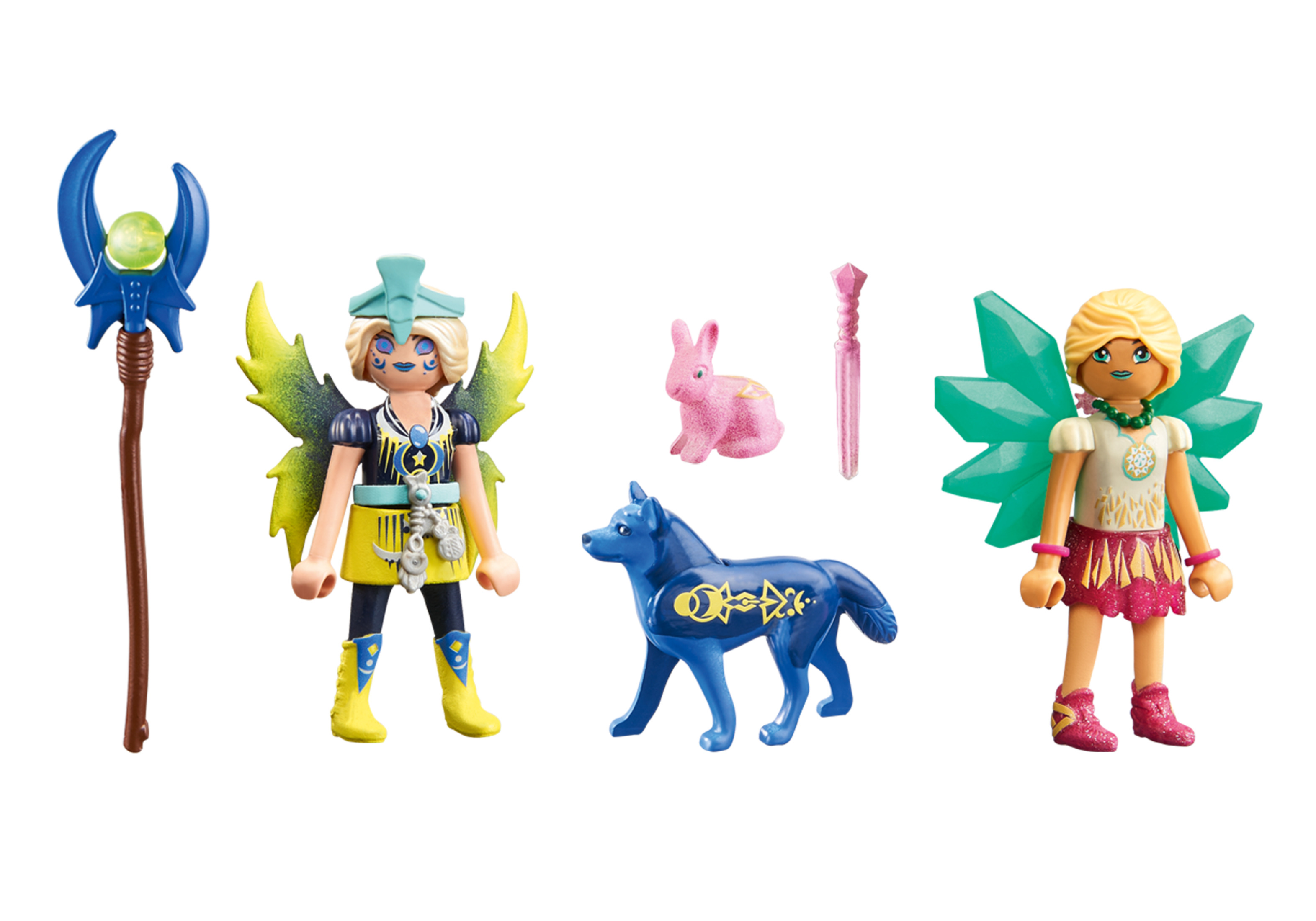 Playmobil-Figuren mit Zubehör. Beinhaltet Fee, Zauberer, Wolf und Hase.