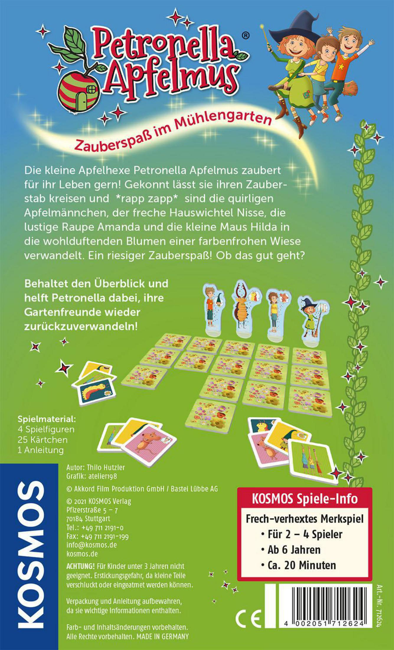 Eine Spielbox mit Text und Bildern, die Spielkomponenten detailliert beschreibt. Charaktere sind illustriert.