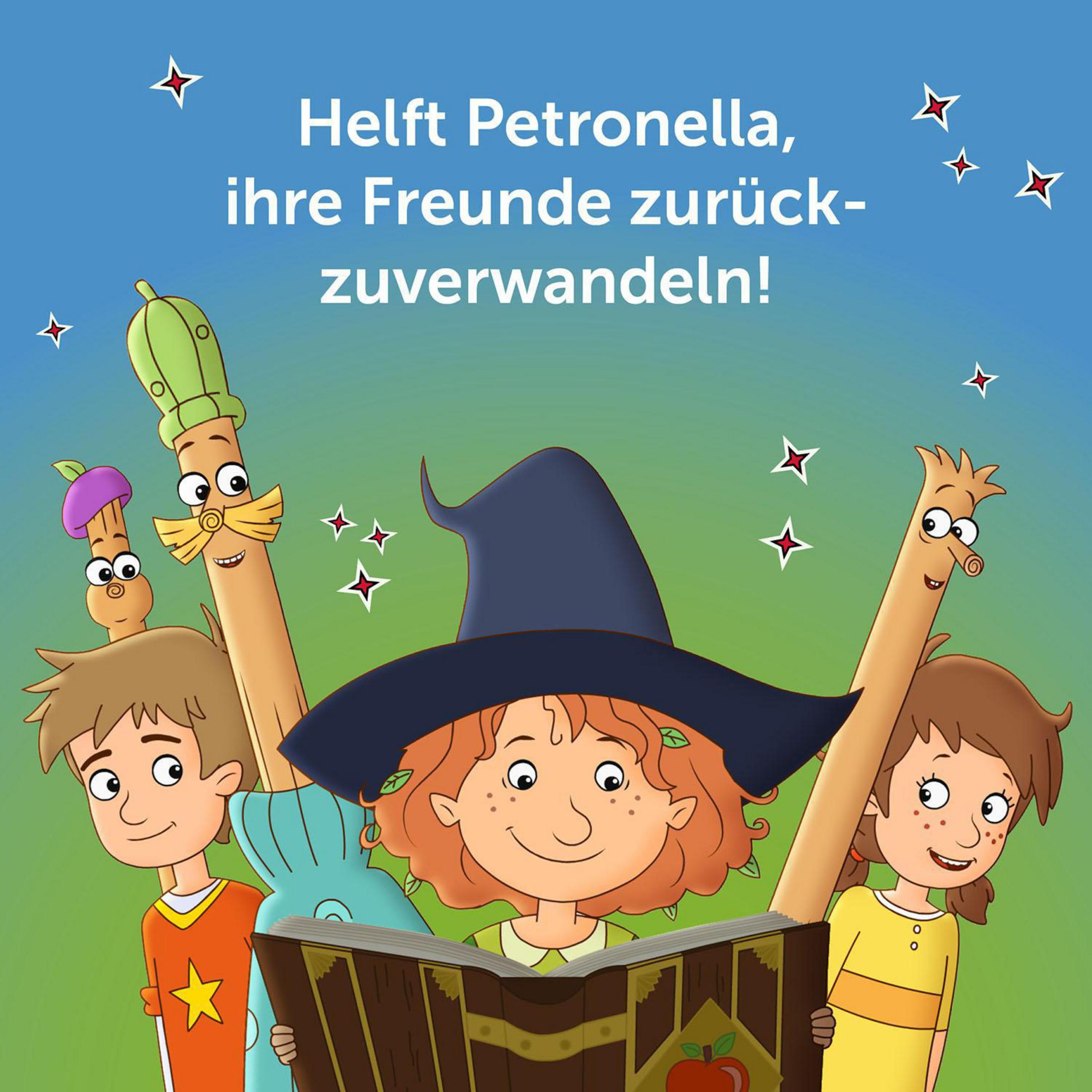 Illustration einer Hexe mit roten Haaren, umgeben von Kindern und Sternen, die ein Buch mit deutschem Text liest.