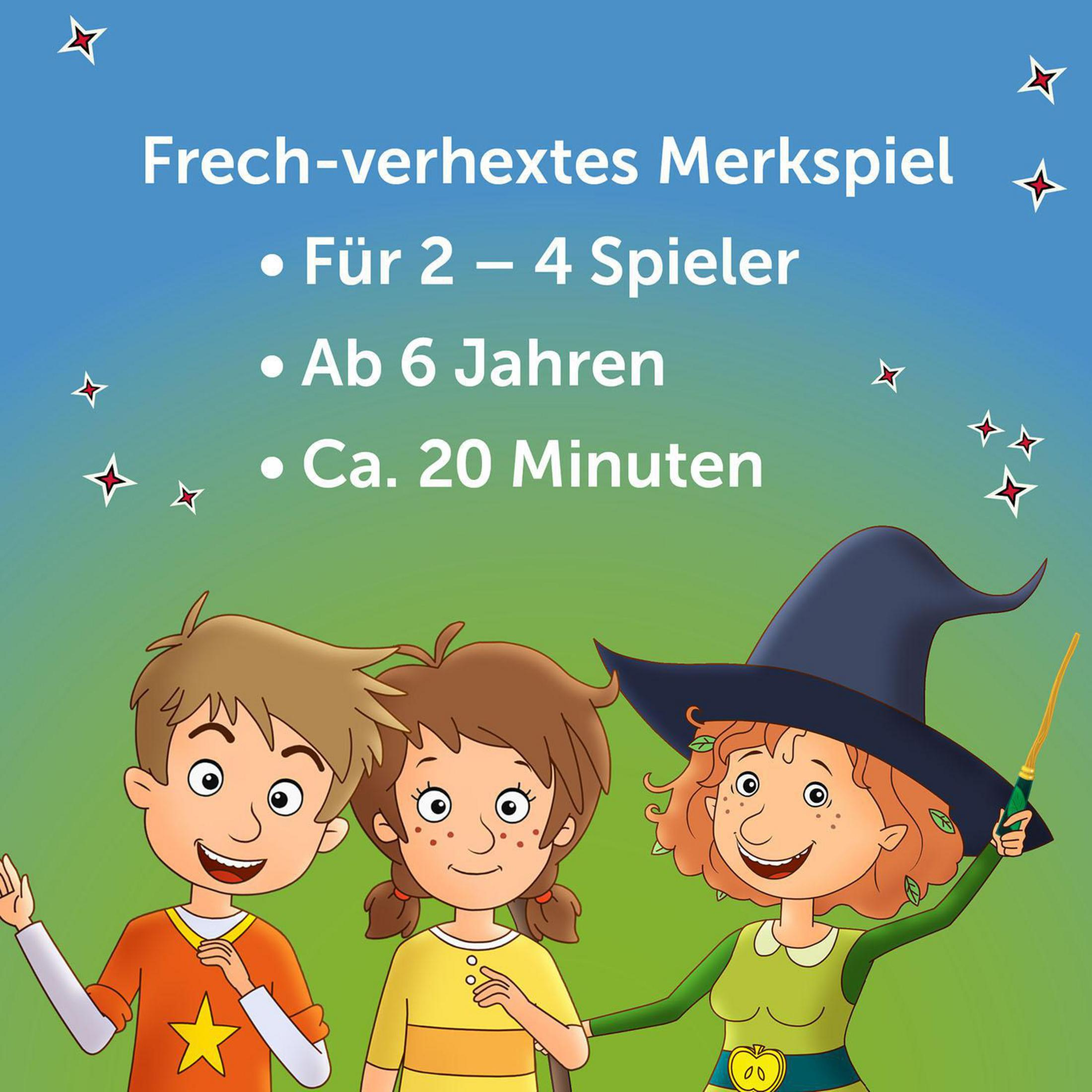 Illustration von drei Kindern und einer Hexe. Text beschreibt das Spiel: 2-4 Spieler, ab 6 Jahren, ca. 20 Minuten.