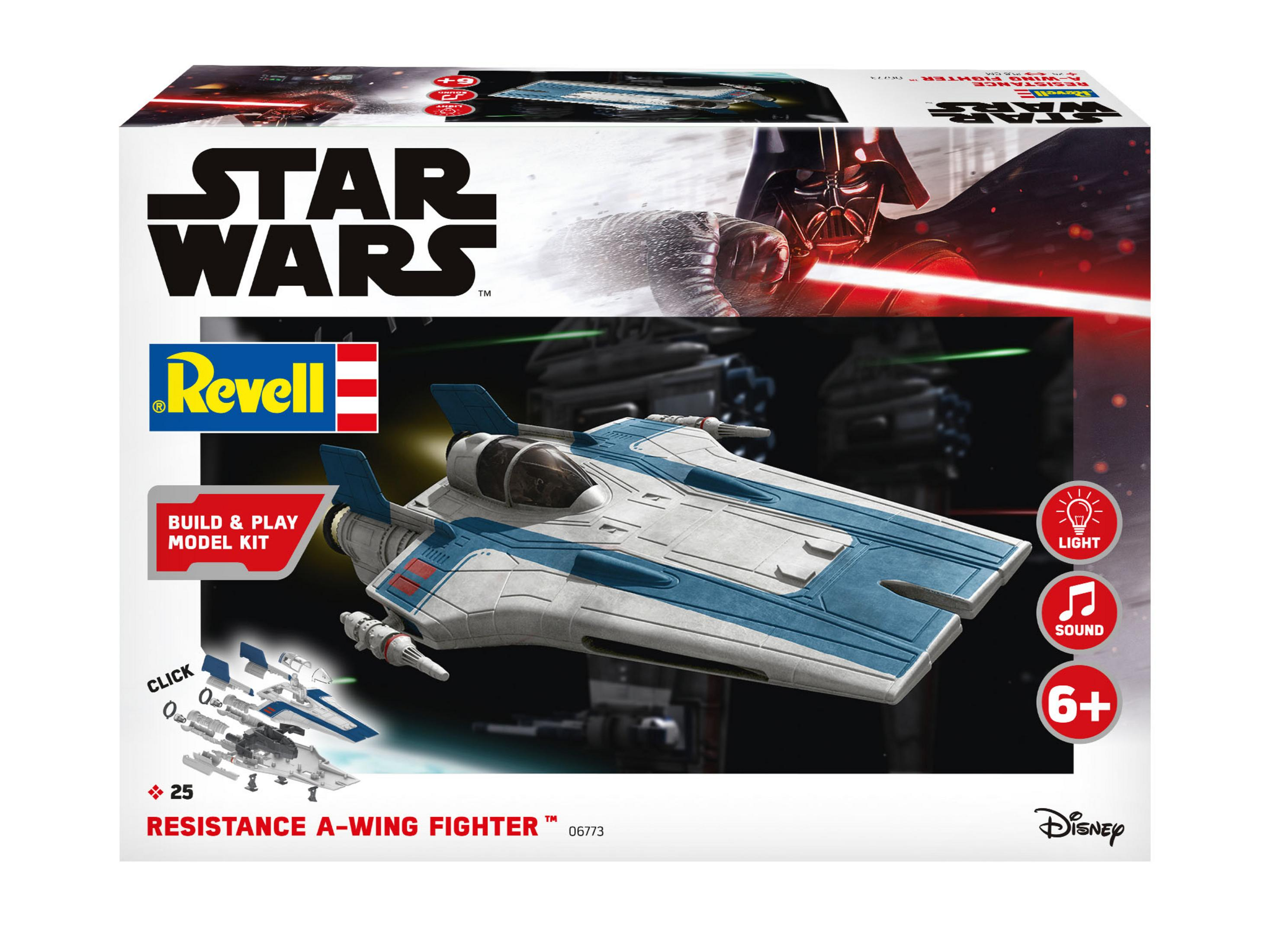 Star Wars Modellbausatz. Ein weiß-blauer A-Wing-Jäger mit Darth Vader im Hintergrund.