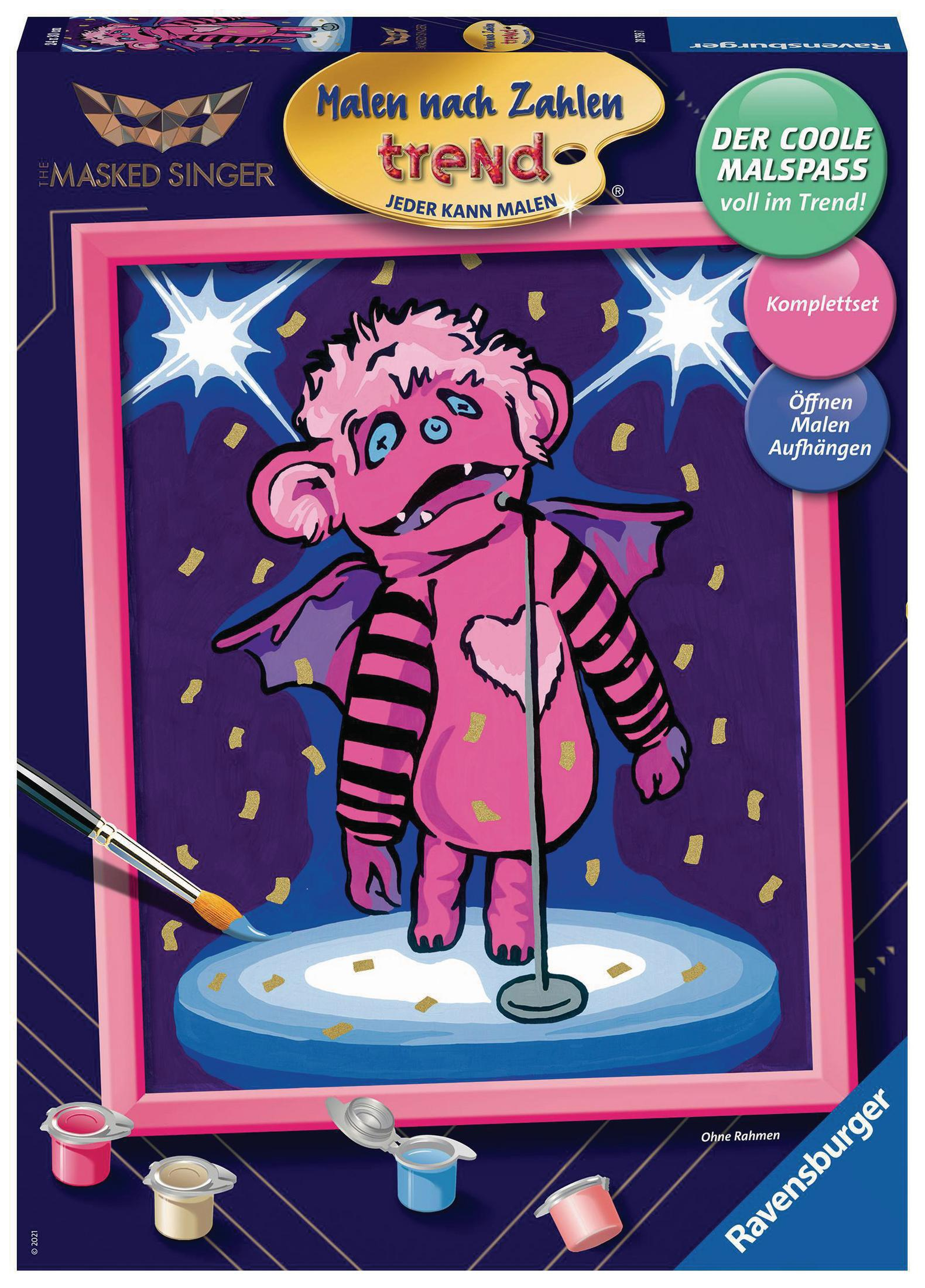 Malen-nach-Zahlen-Set mit einem rosa Monster auf einer Bühne. Das Set enthält Farbtöpfe und einen Pinsel.