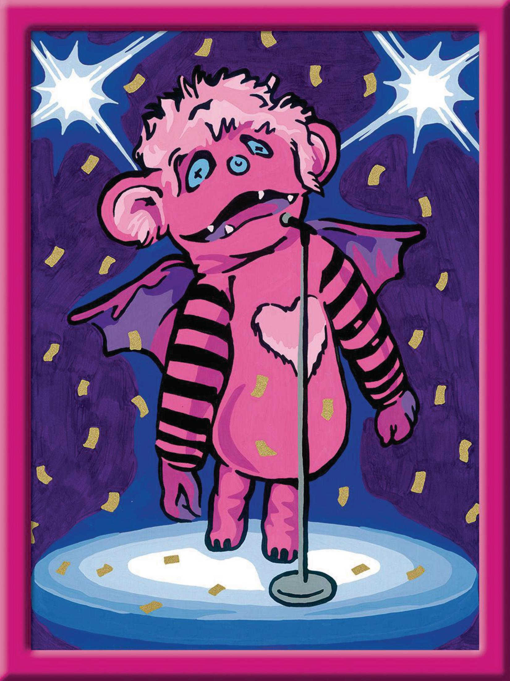 Cartoon eines rosa Monsters, das in ein Mikrofon singt, mit Sternen und Konfetti um ihn herum.