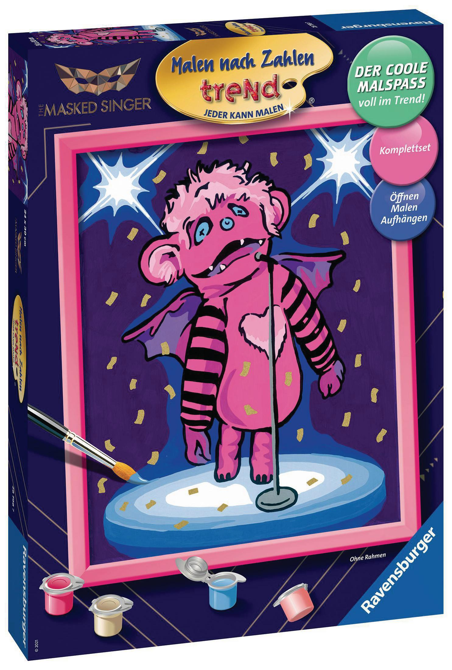Verpacktes Malen-nach-Zahlen-Set mit einem rosa Monster, das in ein Mikrofon singt. Kleine Farbtöpfe.