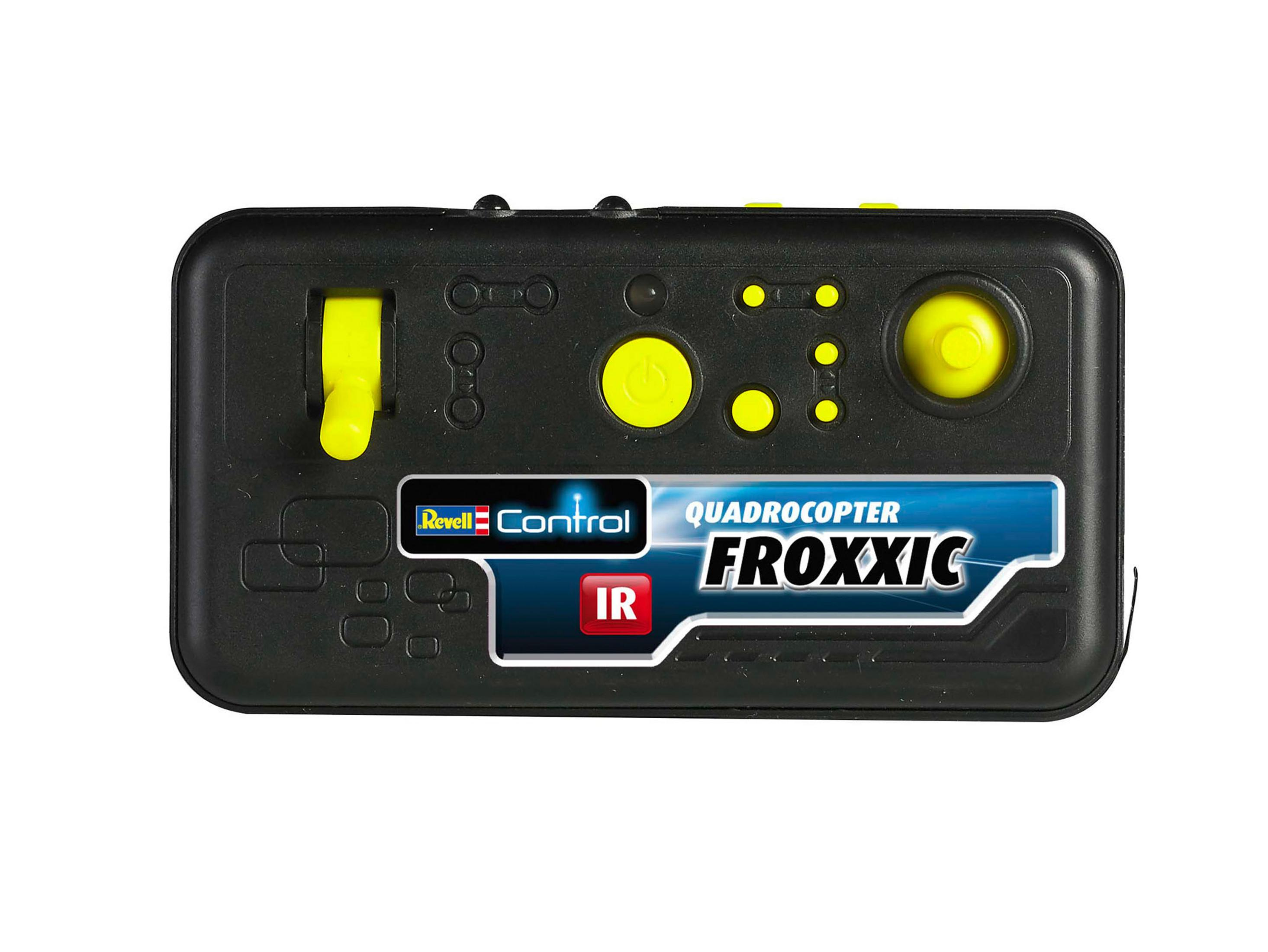 Eine schwarze Fernbedienung mit gelben Knöpfen und Joysticks auf weißem Hintergrund.